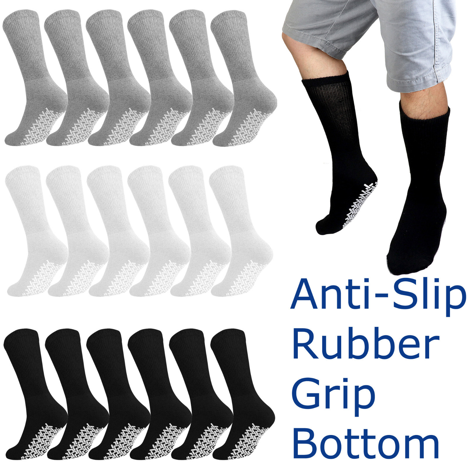 6 Pairs Anti Slip Rubber Grip Non Skid Crew Cotton Diabetic Socks Home Hospital