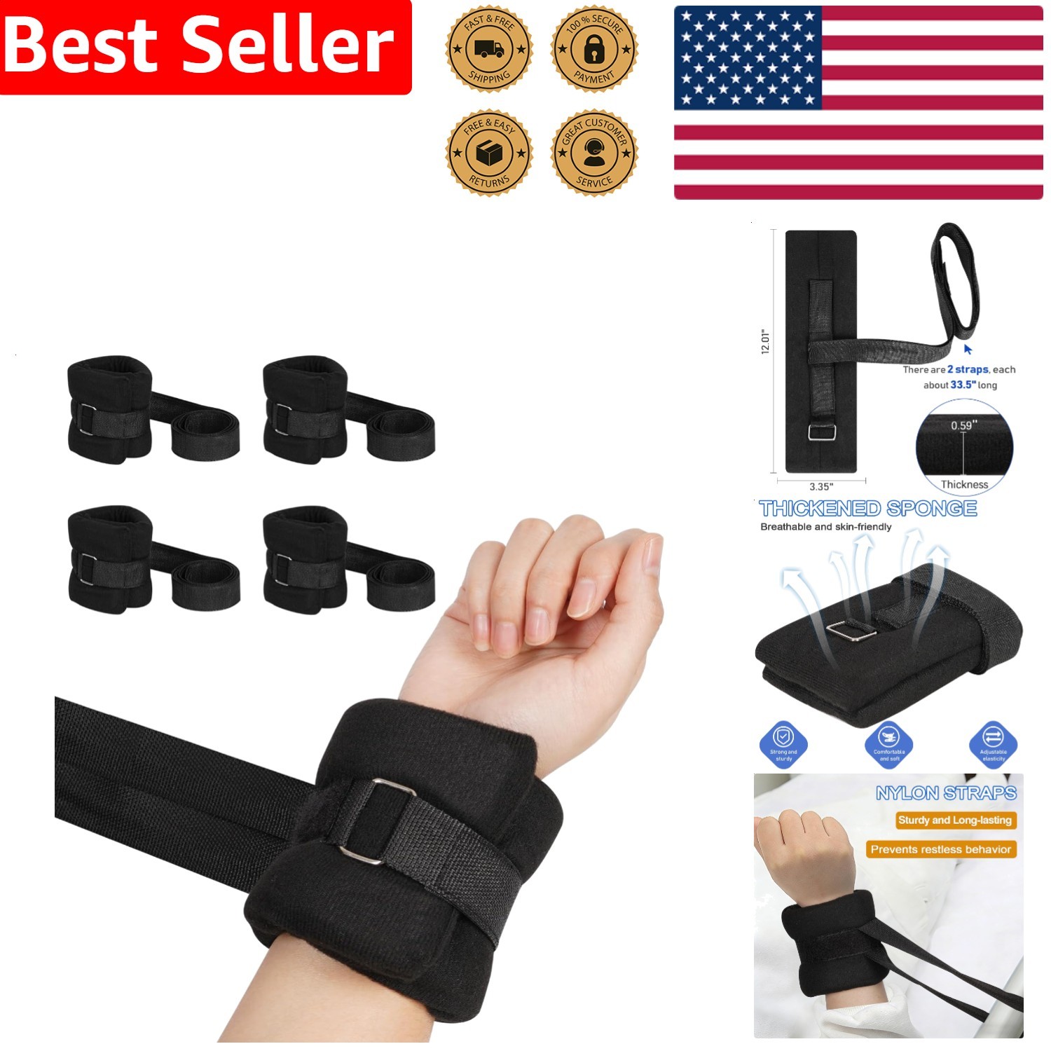 Medical Restraints 4Pcs Quick-Release Patient Limb Holders Secure Universal G…