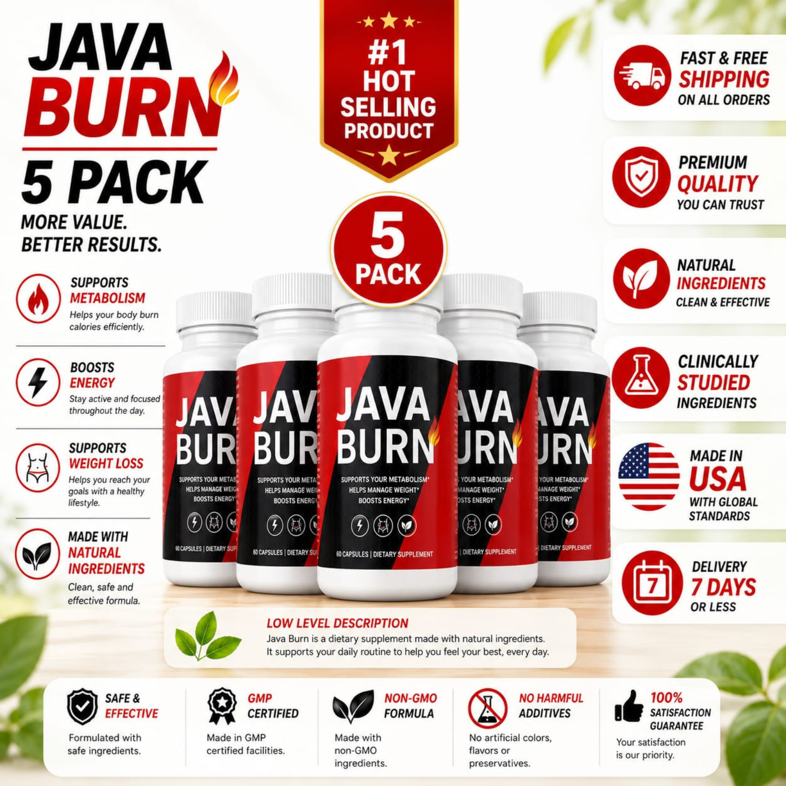 ( 5 Pack) Java Burn Powerful Formula, Java Burn Now in Pills, Maximum Strength