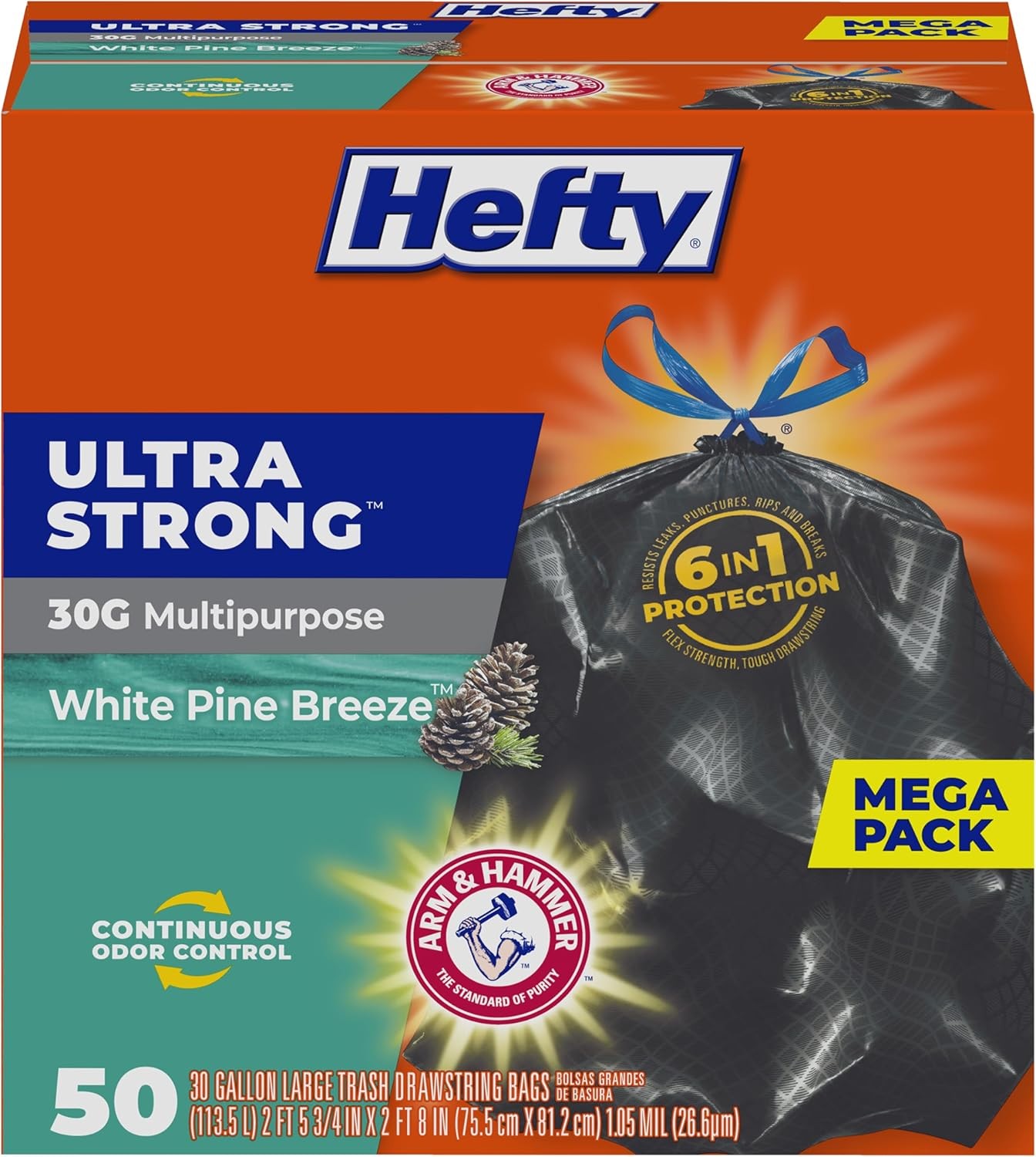 Hefty Ultra Strong 30 Gallon Trash Bags, Large 50 Count (Pack of 1), White