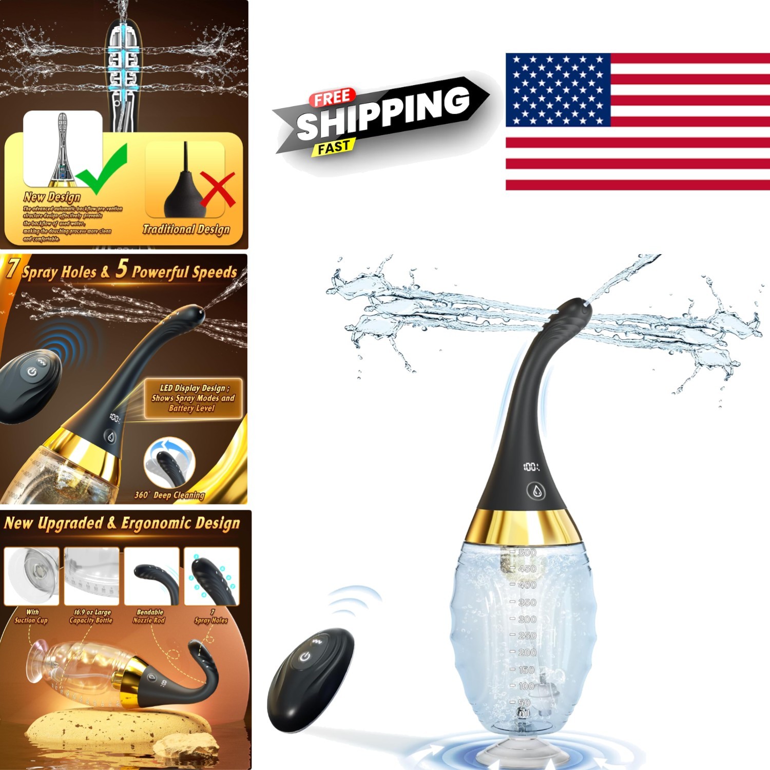 Remote Control Anal Douche Enema Kit with 7 Spray Holes for Deep Clean