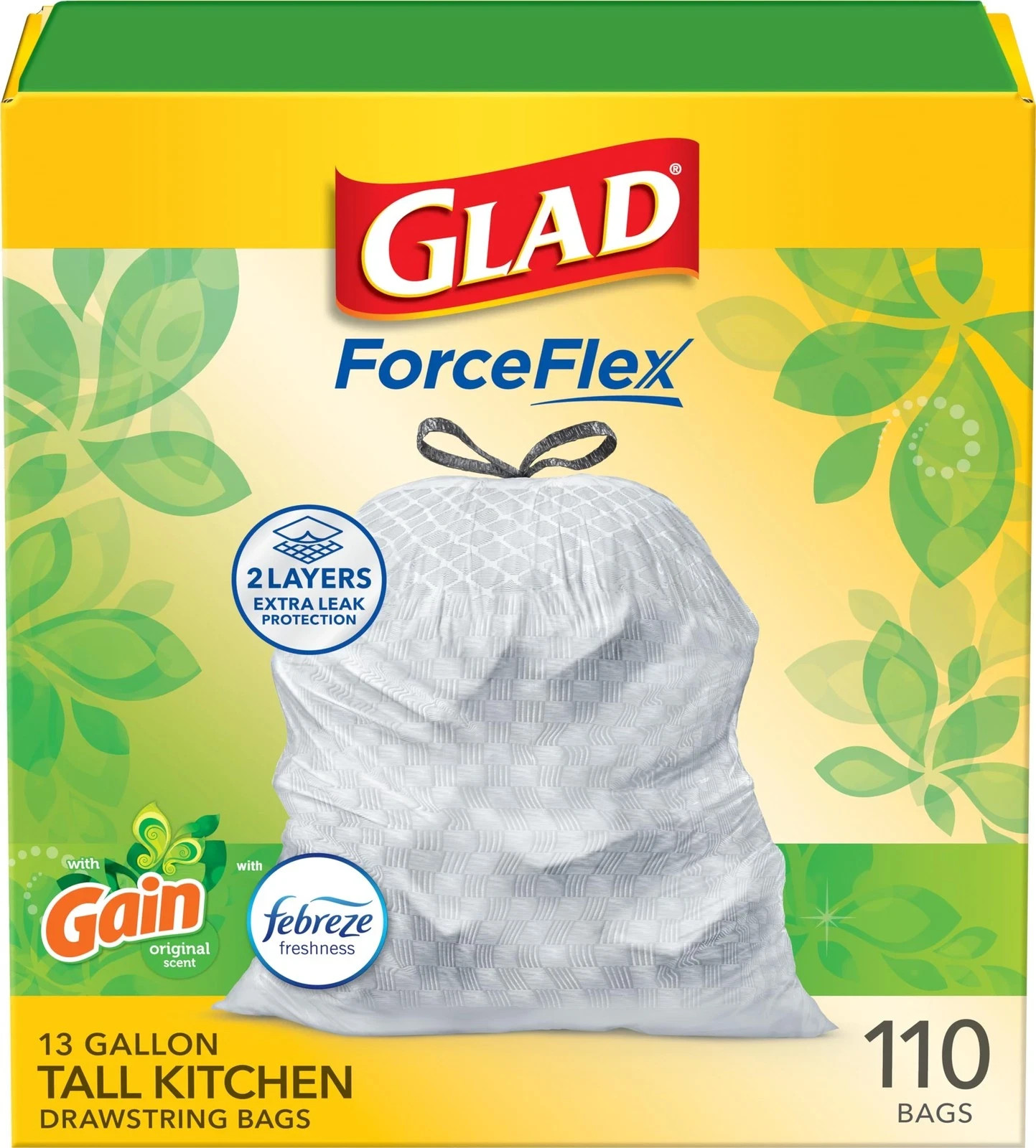 Glad ForceFlex Tall Kitchen Trash Bags, 13 Gal, 110 Count (Pack of 1), White
