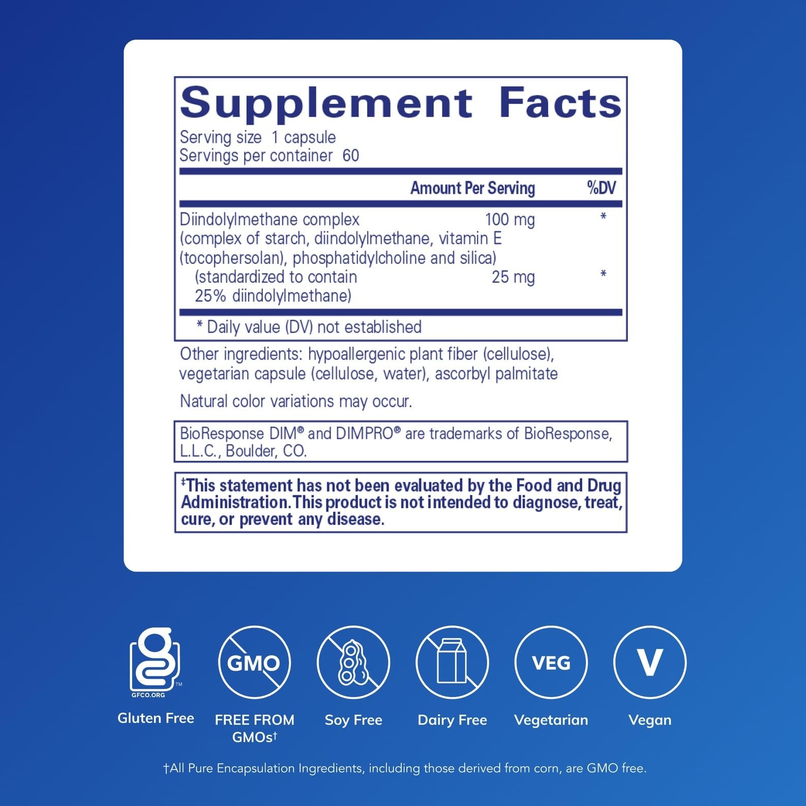 Diindolylmethane Supplement DIMPRO 100 Breast Cervical Prostate 60 Cap Pure