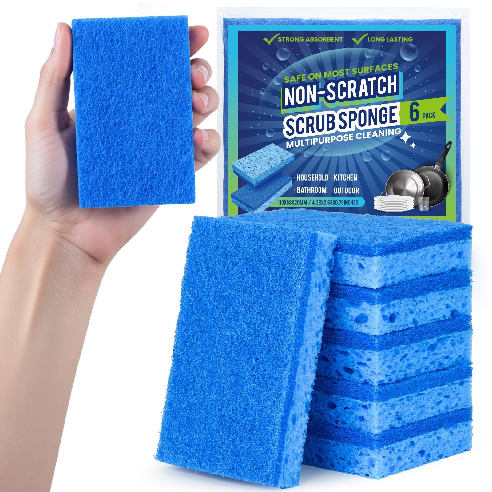 Kitchen Sponges 6 Count Dual Sided Non Scratch Scrub Blue Metflavor