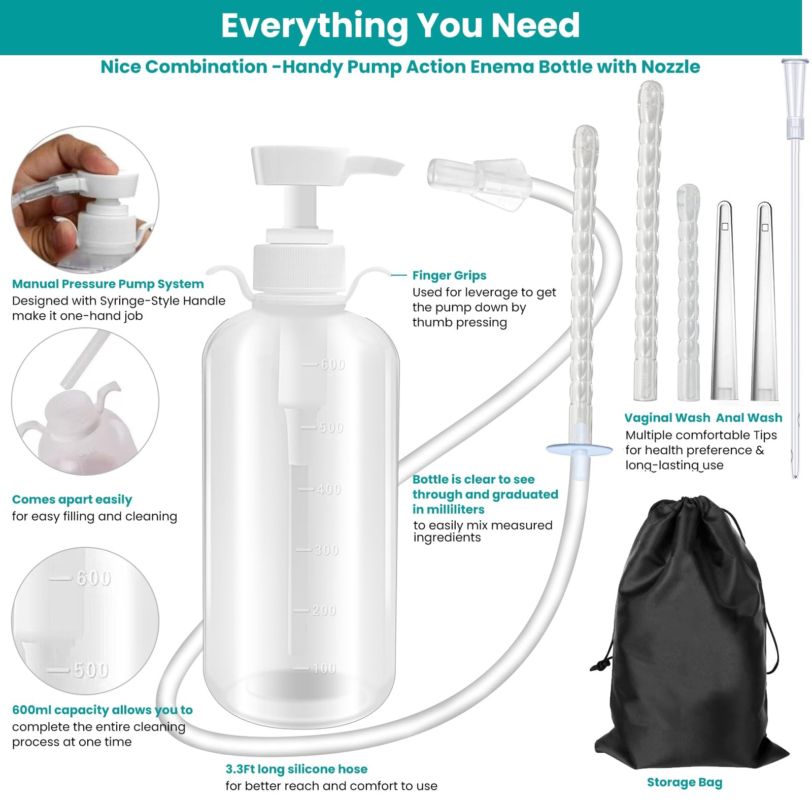 600ml Feminine Wash Enema Pump Bottle Kit 6Pcs Enema Nozzle Tips for Coffee C…