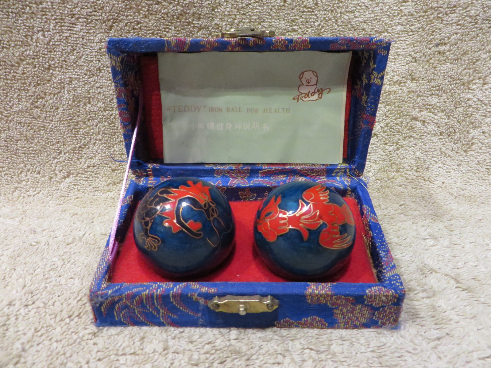 Chiming Meditation Balls Inlay Art DRAGON and ROOSTER Boading Exercise Satin Box