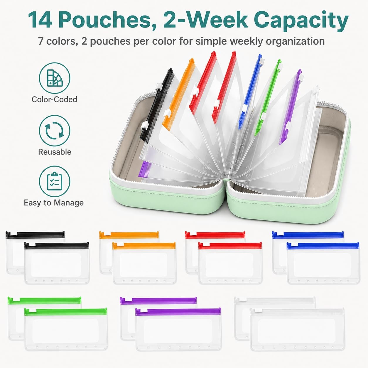 Waterproof Travel Organizer Case with 14 Reusable 14 Count (Pack of 1), Black
