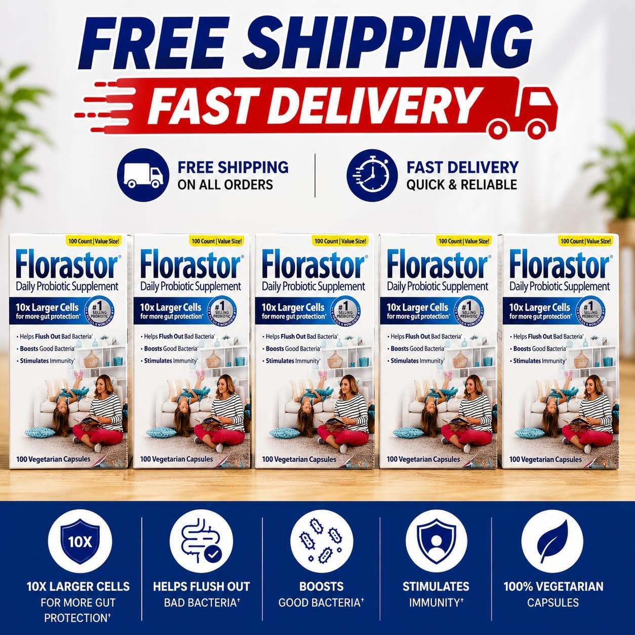(5 Pack) Florastor Daily Probiotic Supplement For Women And Men, 100 Capsules
