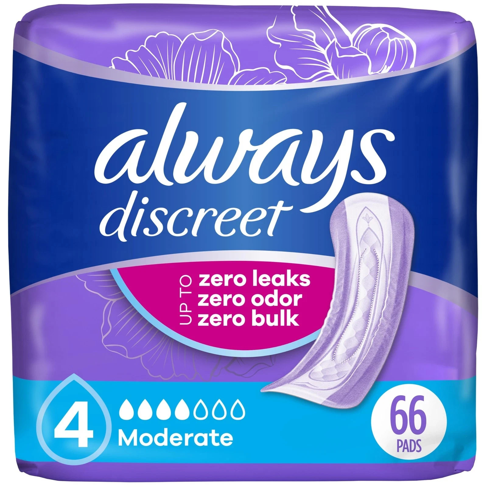 Adult Incontinence Pads 66ct Moderate Absorbency Always Discreet Women Drier