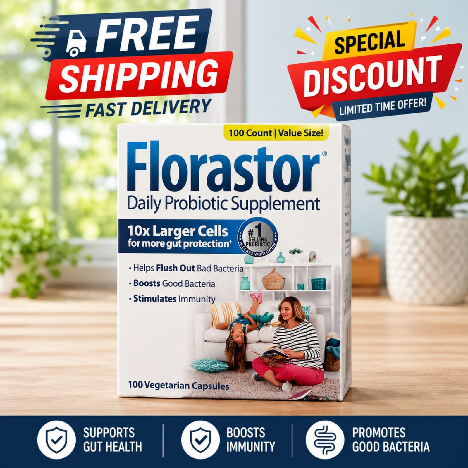 Florastor Daily Probiotic Supplement For Women And Men, 100 Capsules 1 Pack