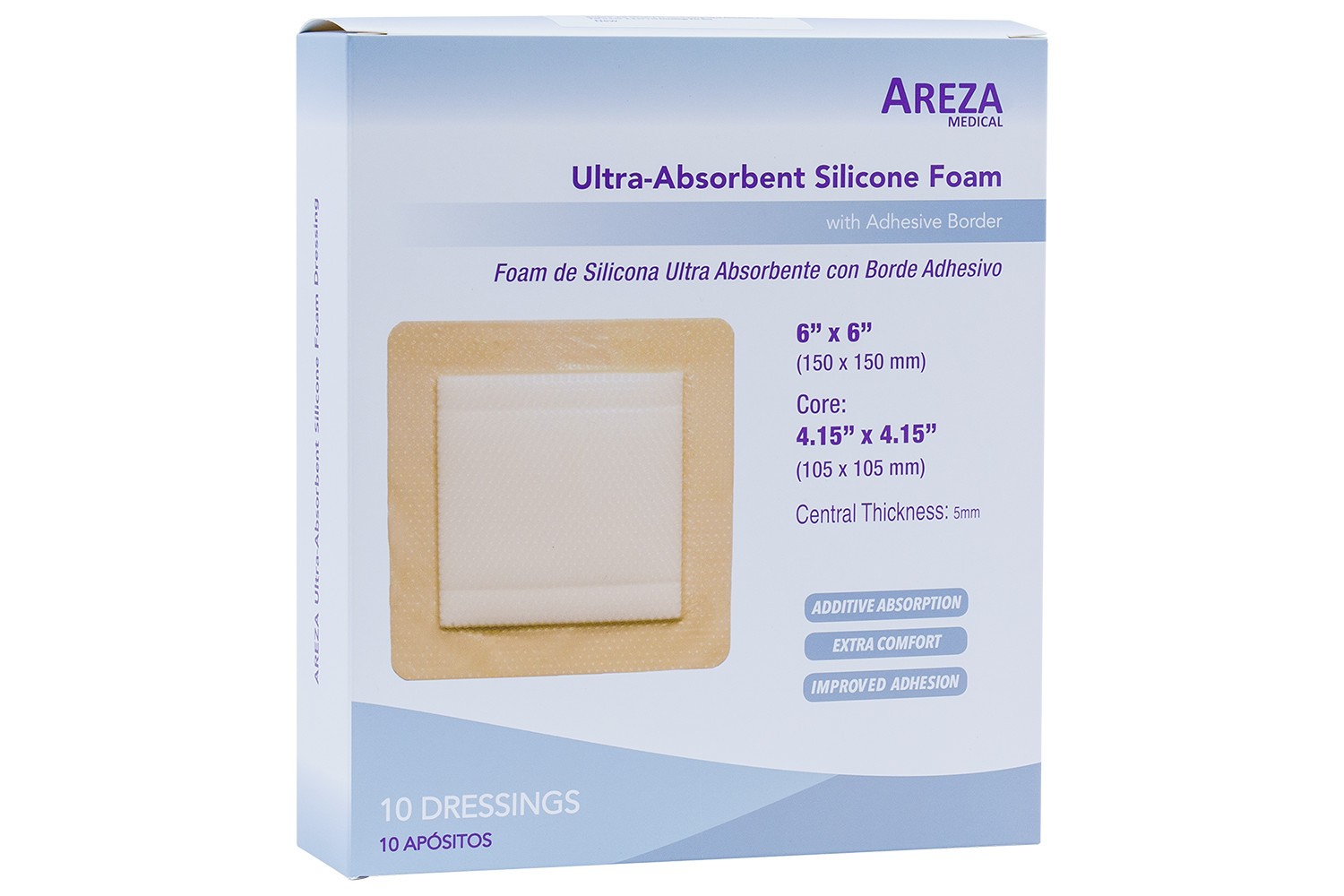 Ultra-Absorbent Silicone Foam with Adhesive Border – 6″ x 6″ (10 per Box)