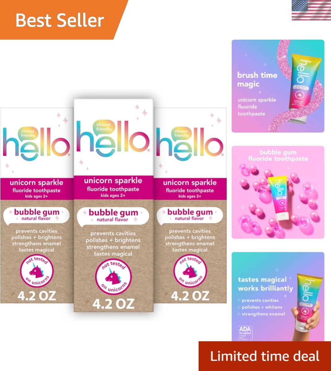 Toothpaste Kids 4.2 Oz Pack of 3 Hello Unicorn Sparkle Fluoride Bubble Tube