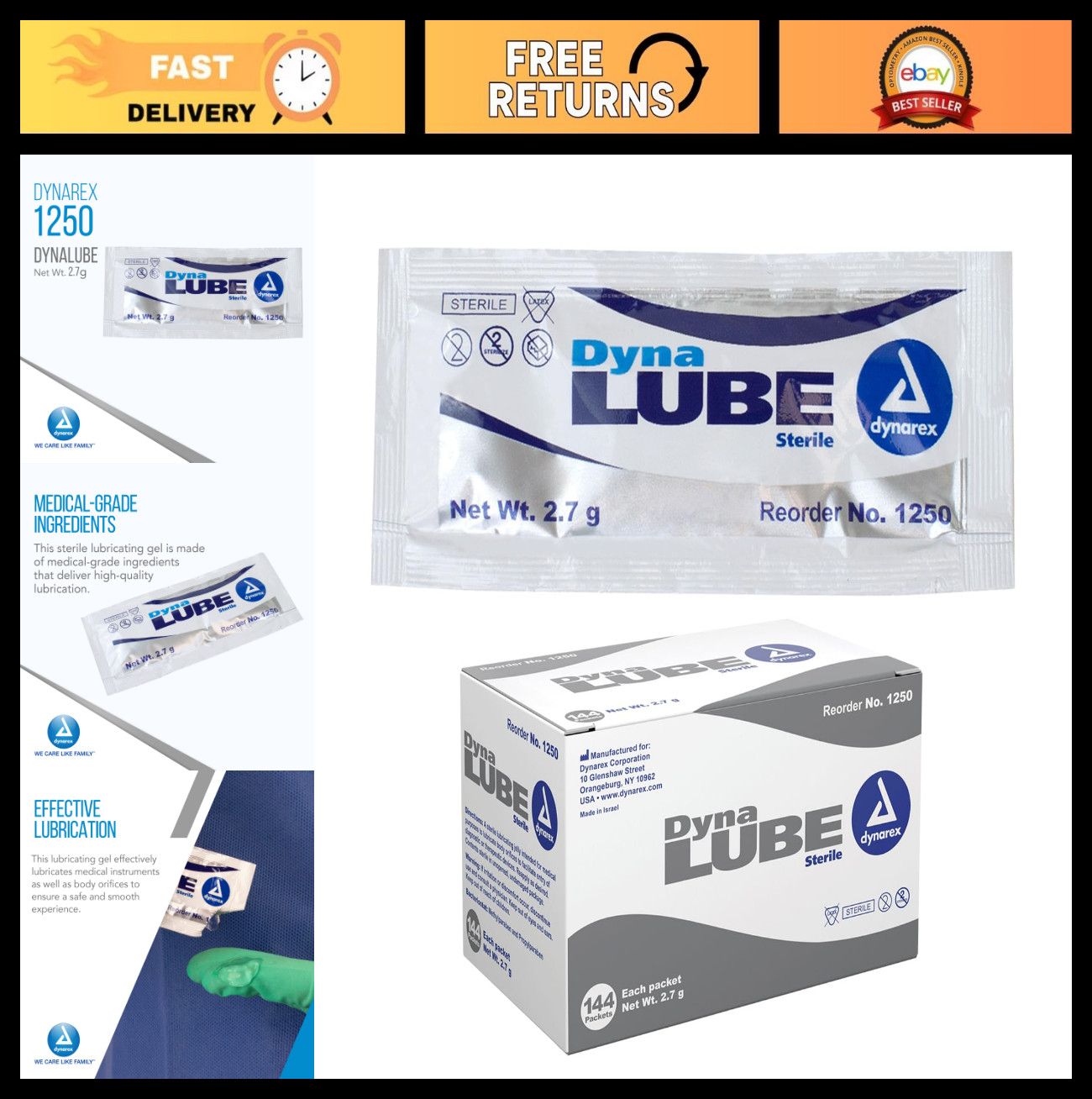 Water-Soluble Sterile Lubricating Jelly for Medical Use, 144 Packets, 2.7g Each
