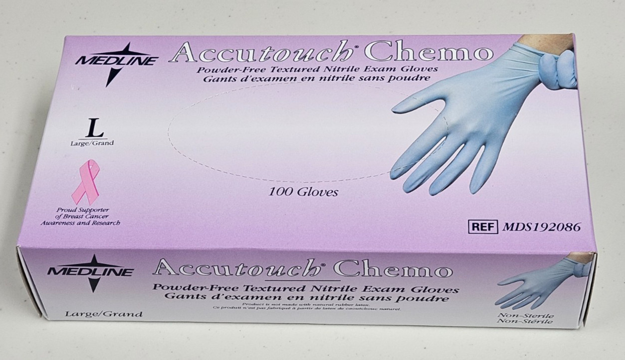 Medline Accutouch Chemo Nitrile Exam 100 Gloves L Large Box Powder Free NEW