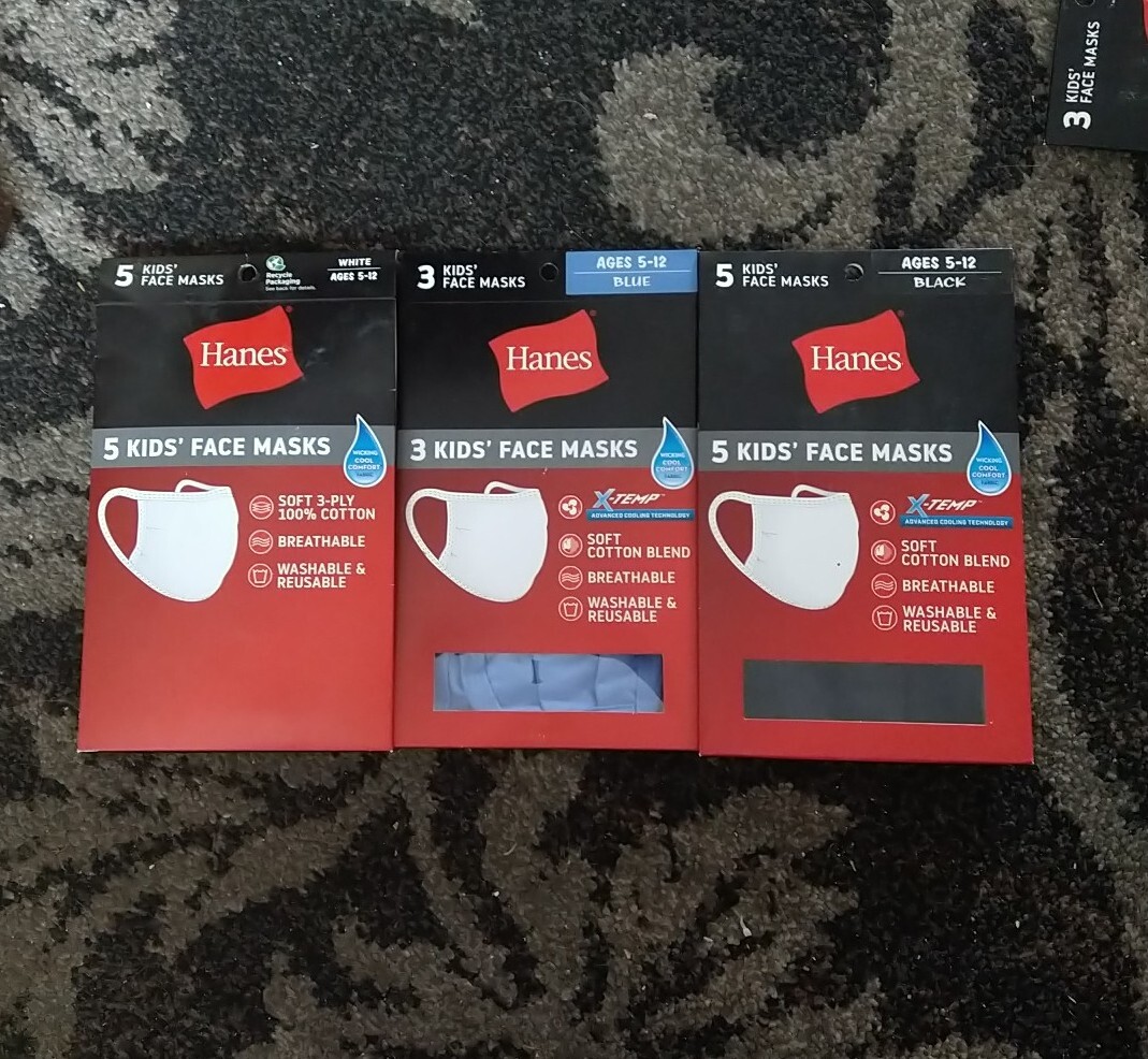 13 Hanes Kid’s Washable Face Masks, 3 Pkgs, White, Black, Blue
