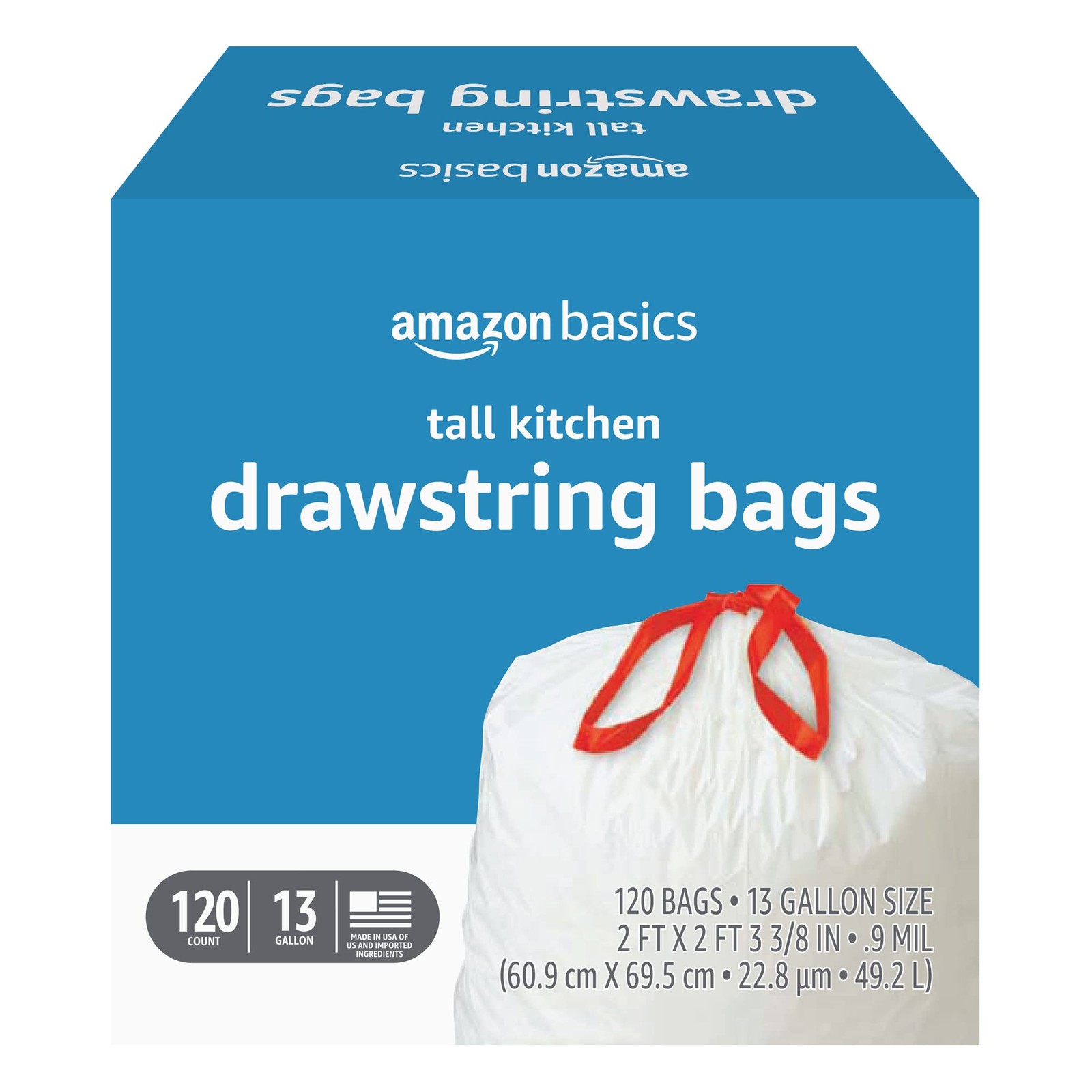 Amazon Basics Tall Kitchen Drawstring Trash 120 Count (Pack of 1), White