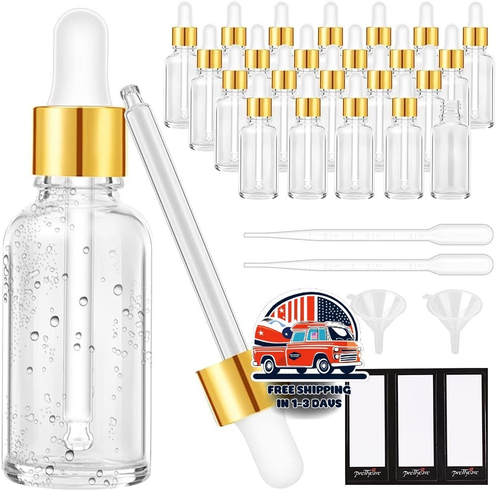Set De 24 Botellas Cuentagotas Claras Con Tapas Doradas De 30ml Con Embudo NUEVO