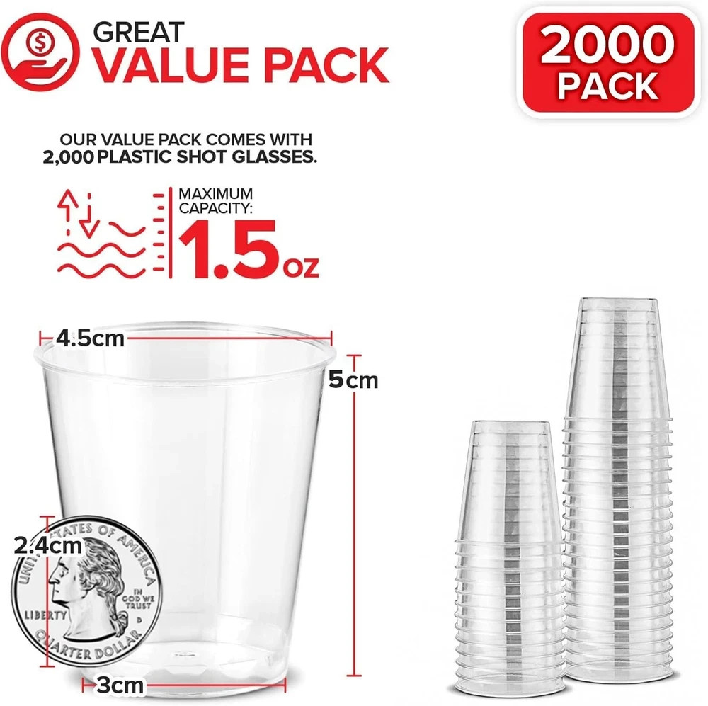 Shot Glasses 1.5 oz Clear Plastic Disposable 2000 Pack Stock Your Home Cups