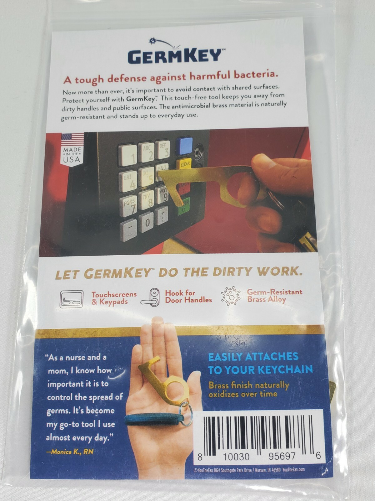 ORIGINAL Germ Key From Antimicrobial Brass Made In USA Attaches To Keychain New!