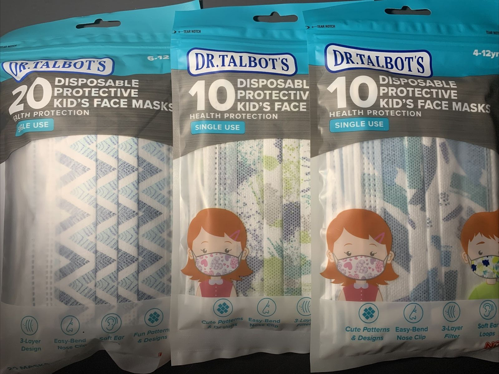 2 Dr. Talbot’s Protective Kid’s FaceMasks 4-12yrs LOT: 3 Packs 40 Masks NEW