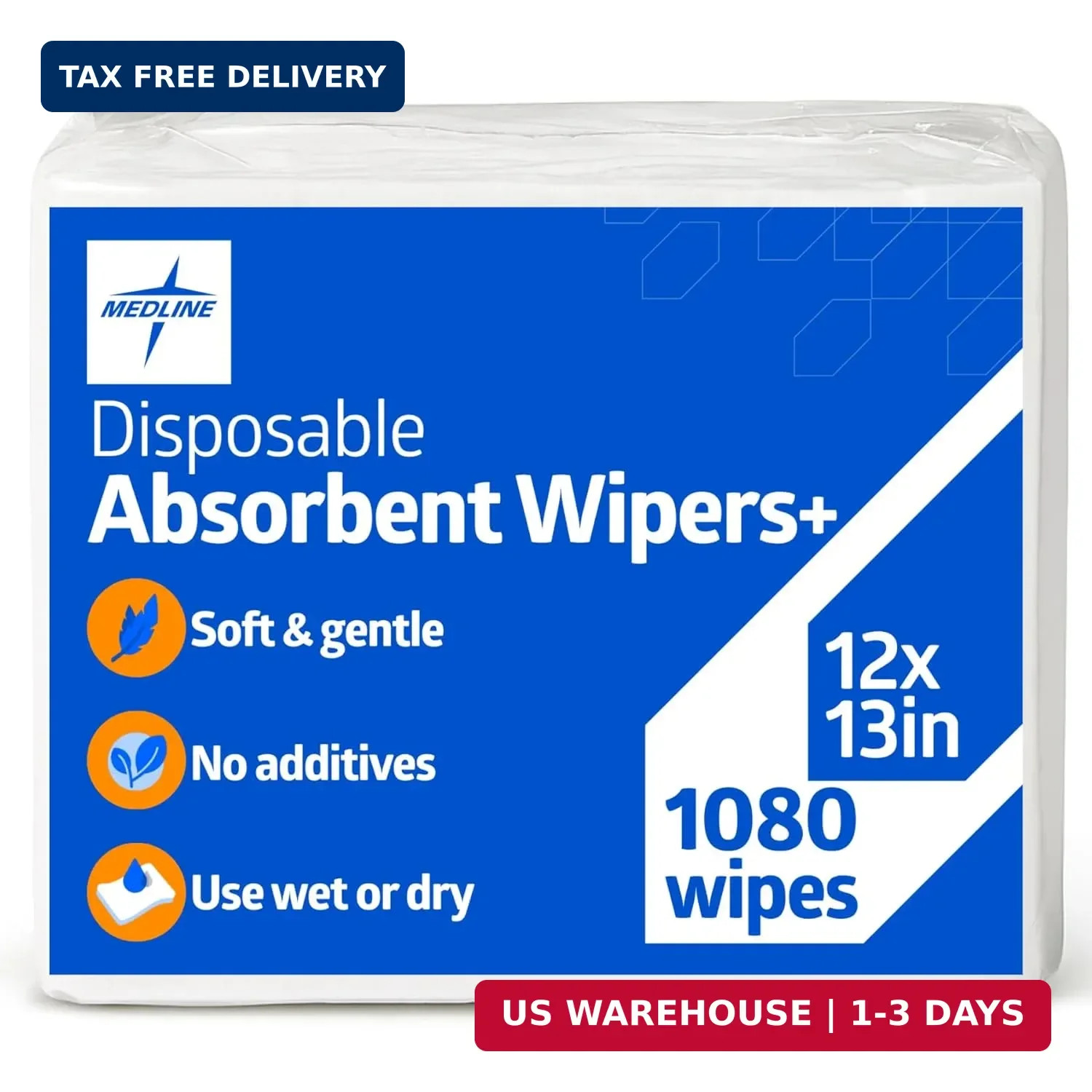 Medline Absorbent Wipers+ Disposable Heavy Duty Dry Wipes, 12″ x 13″, 1080 count