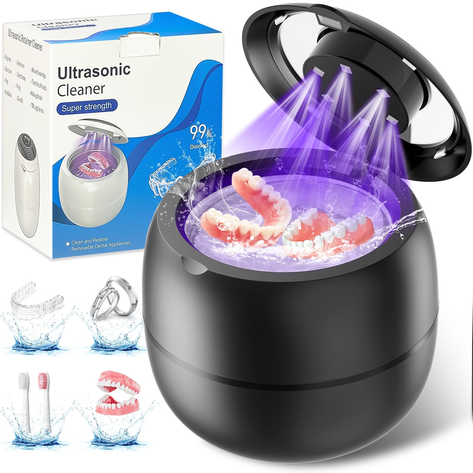 45kHz 210ml Ultrasonic Dental Cleaner For Aligners, Night Guards, BLACK