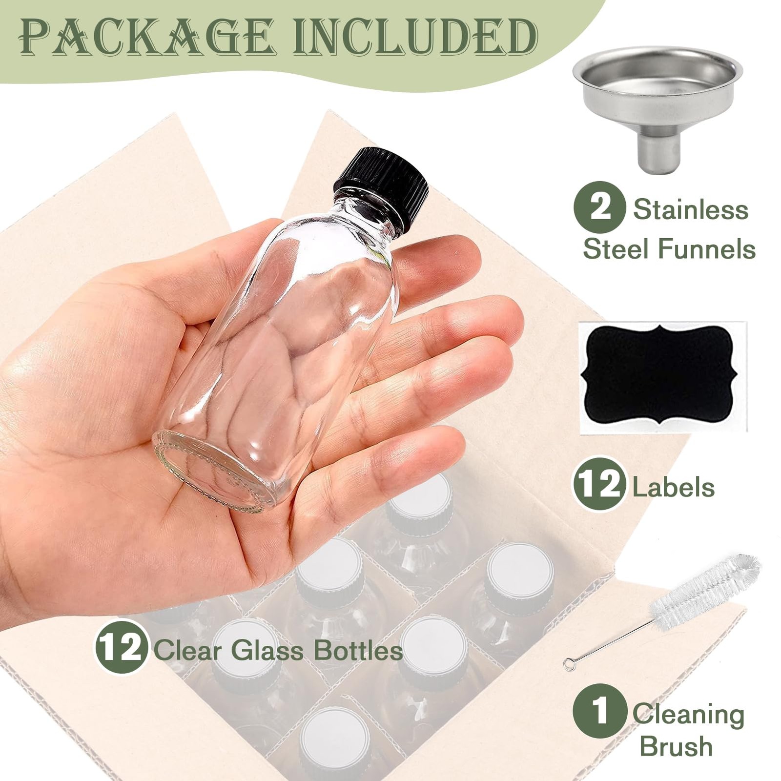 12 Pack 2 oz Glass Bottles with Lids & 2 Funnels Shot Jar Small Containers Spice