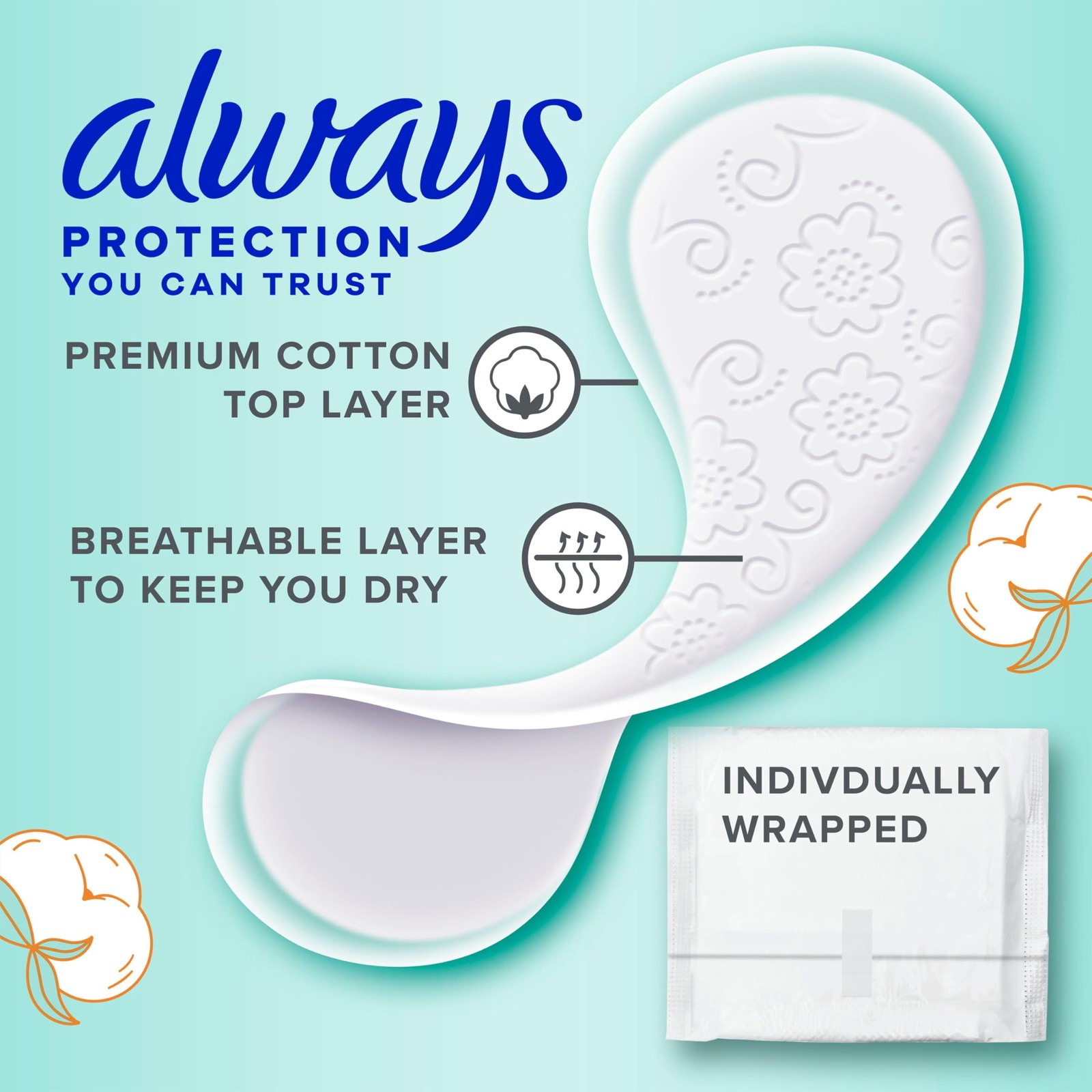 Panty Liners for Women Premium Cotton 200 Count Always