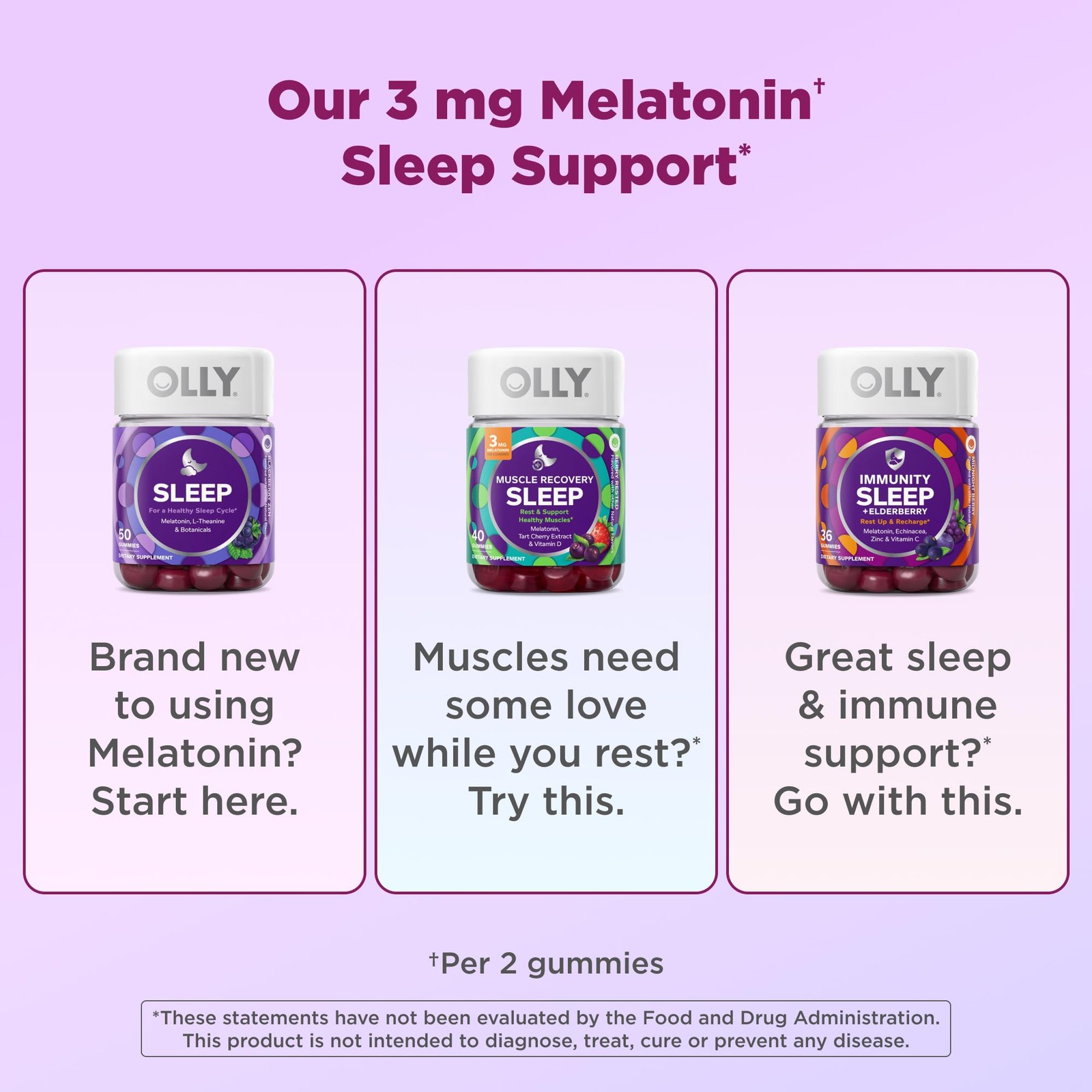 Sleep Gummies Muscle Recovery 3mg Melatonin 40 Count Purple OLLY Healthy Support