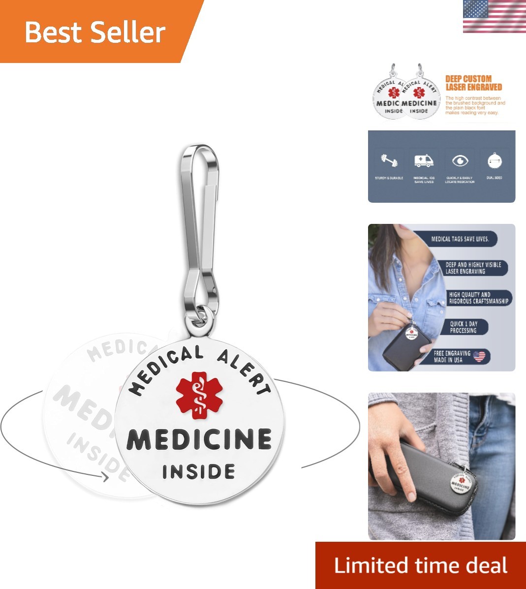 1.25″ «Medicine Inside Medical Alert Bag Tag with Zipper Pull – Dual-Sided St…