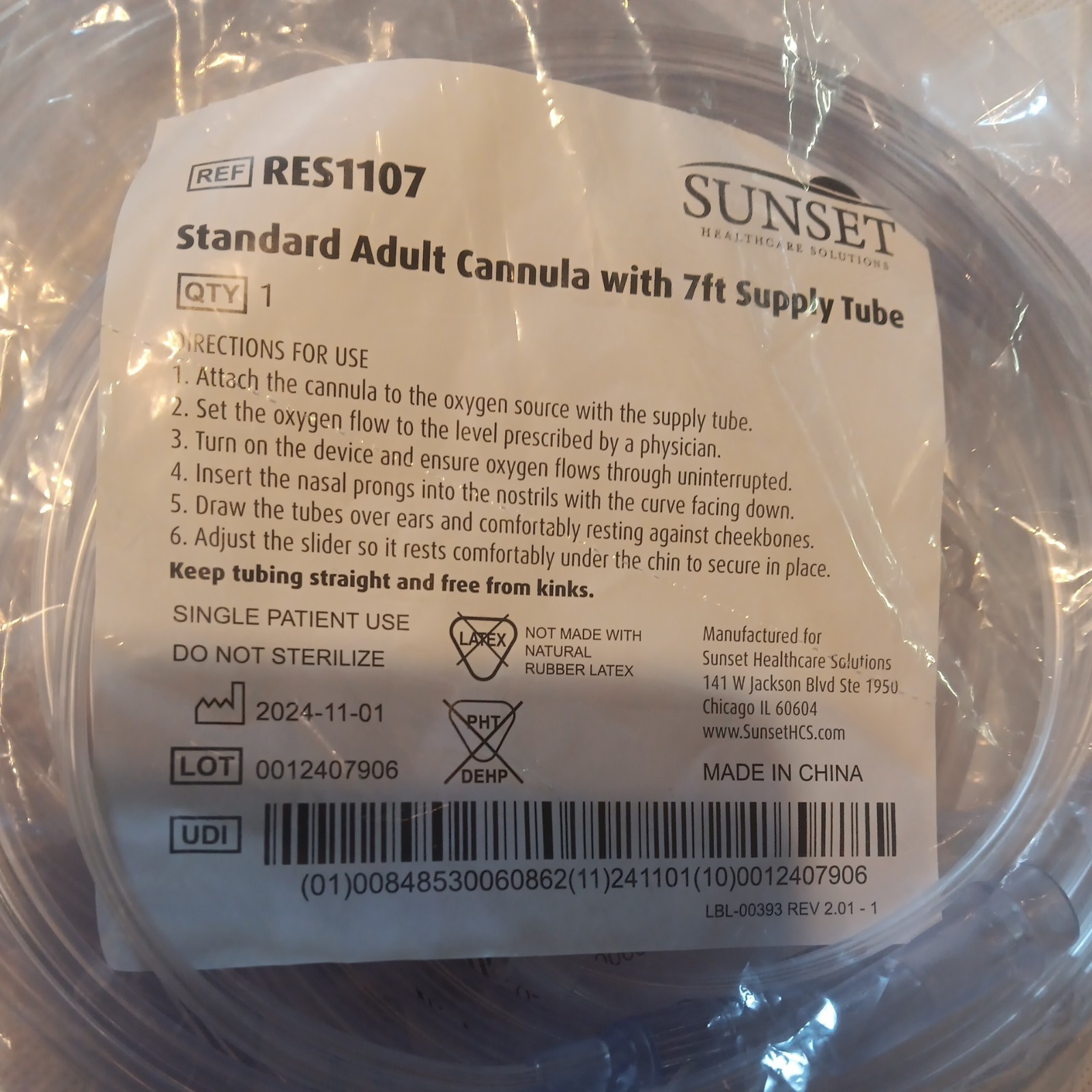 Sunset Standard Adult Cannula 7ft Oxygen Supply Tube RES1107 Set of 2 NEW