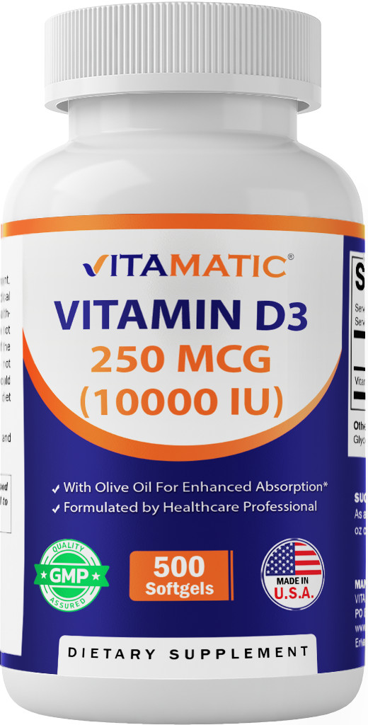 Vitamatic Vitamin D3 10000 IU (250 mcg) – 500 Softgels (Olive Oil Based)