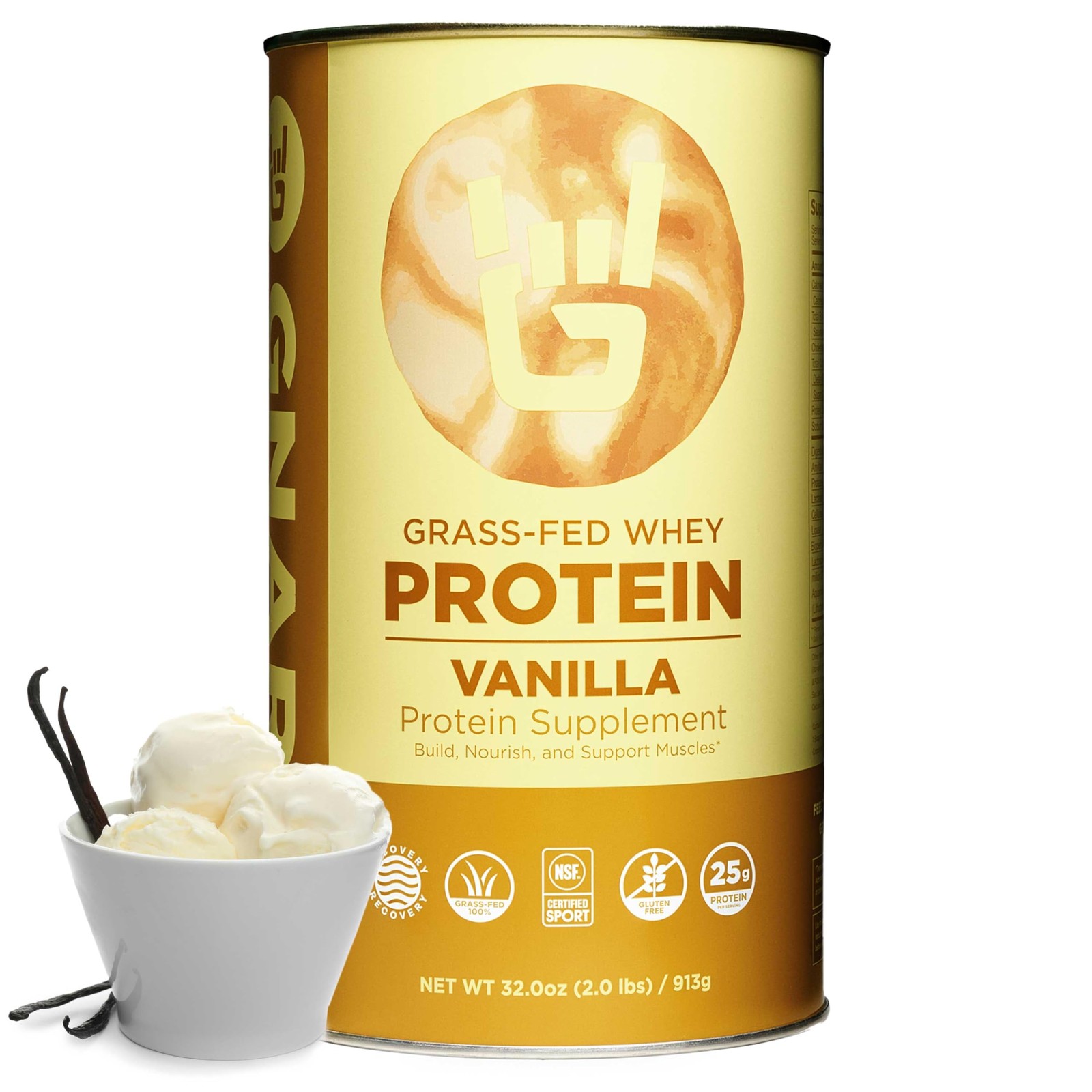 Protein Powder Vanilla 25g 32 oz NSF Sport Certified Grass Fed Whey Gnarly Taste