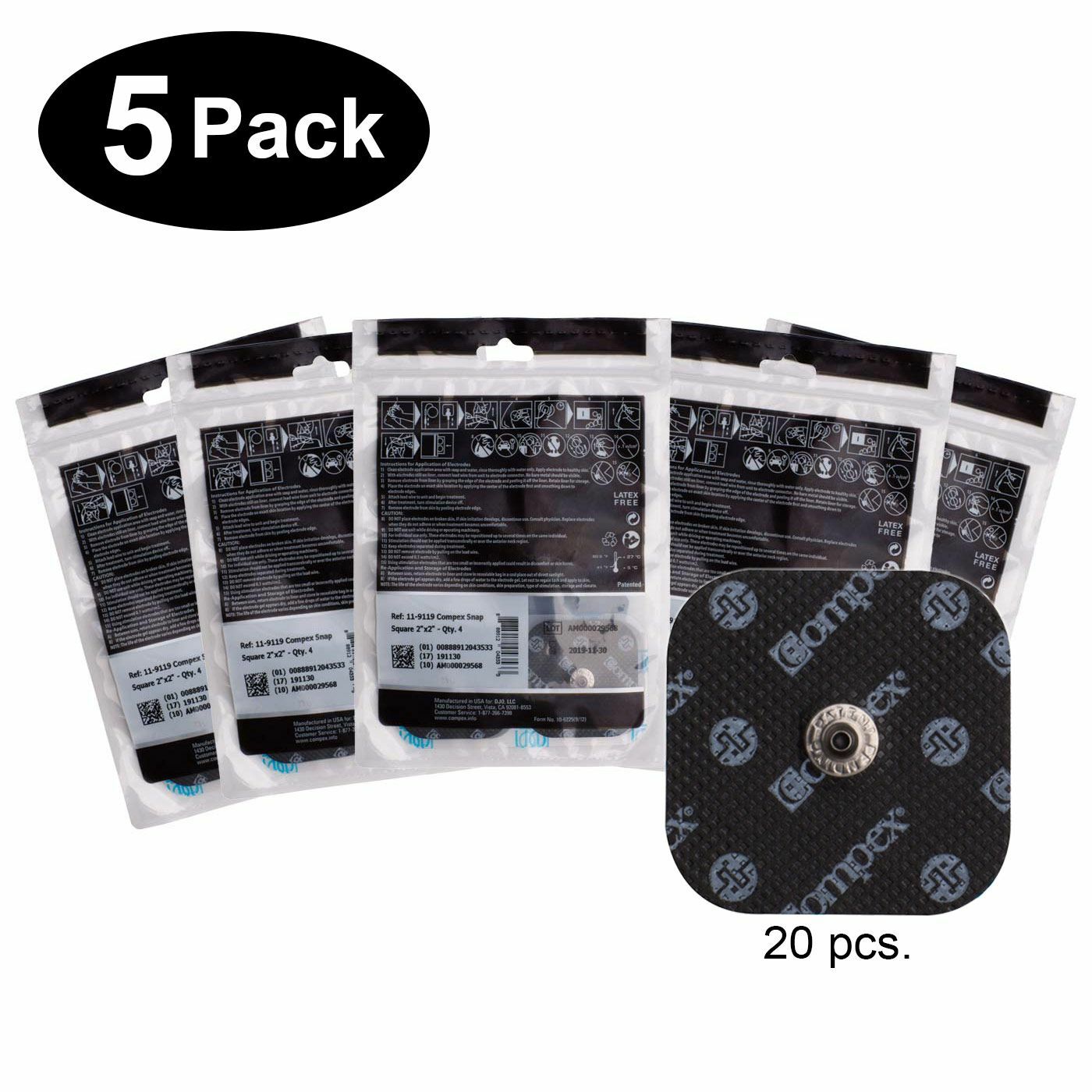 COMPEX EASY SNAP ELECTRODES 2IN X 2IN – 5 PACK (20 ELECTRODES) – BLACK
