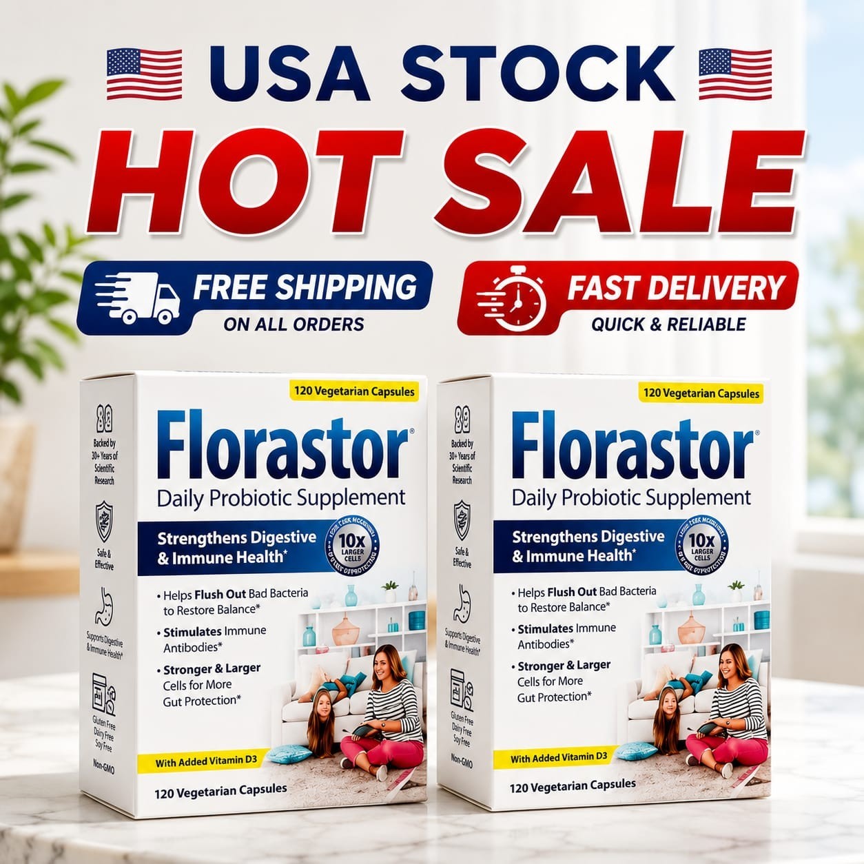 (2 Pack) Florastor Daily Probiotic Supplement For Women And Men, 100 Capsules