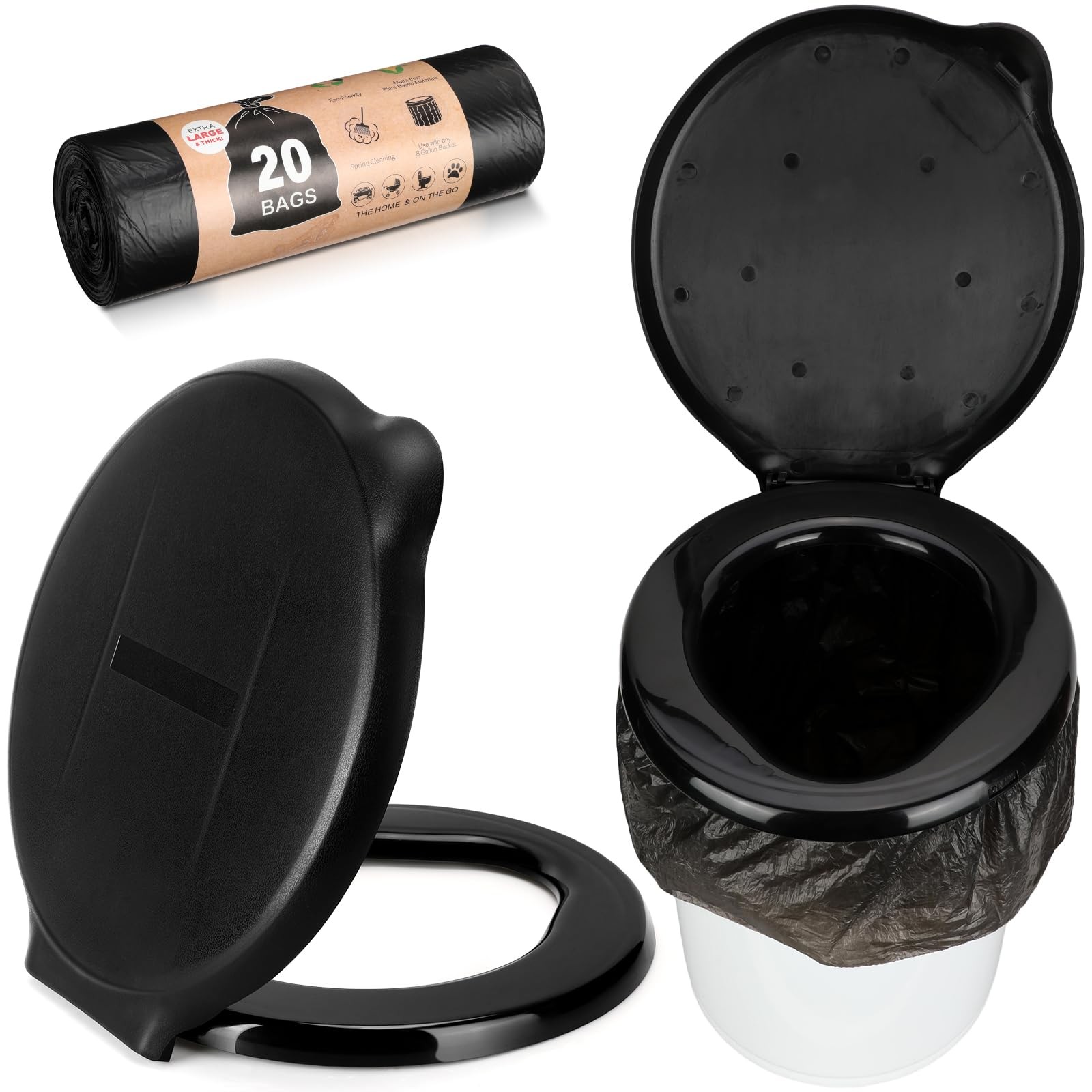 Glenmal 5 Gallon Bucket Toilet Seat bout 14.57 x 13.19 x 1.06 inches, Black