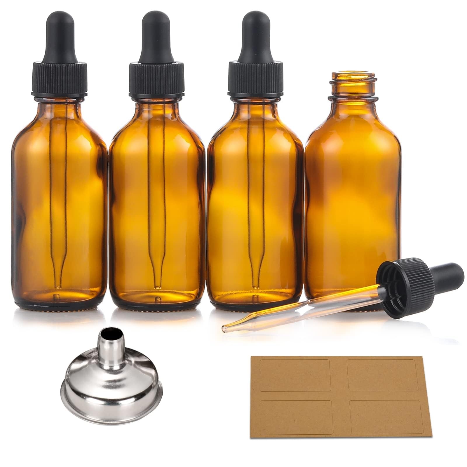 4 Pack, 2 oz Bottles with Dropper & 1 Funnel & 4 Labels – Essential Oils Bottles