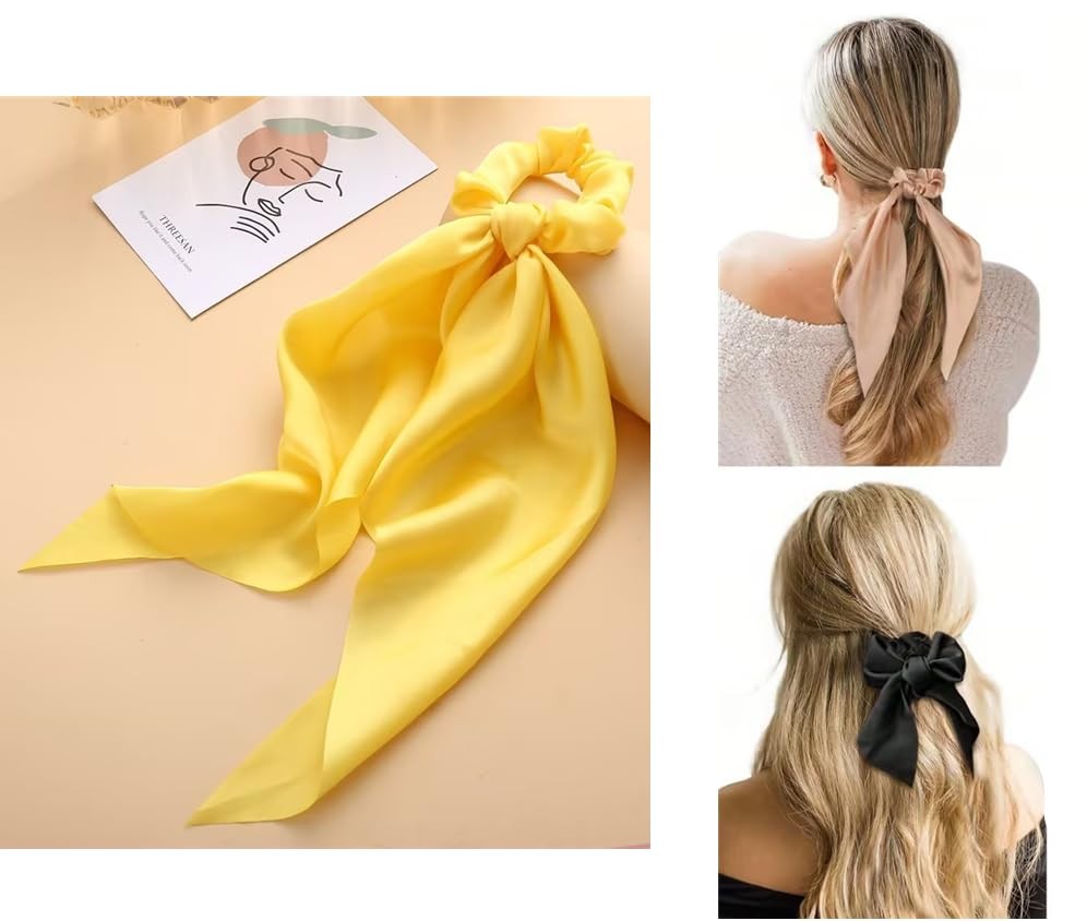 Yellow Women Girl Bow Satin Ribbon Ponytail Scarf Hair Tie Rope Scrunchies Elast