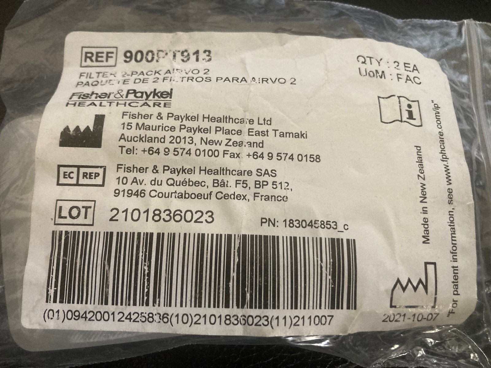 900PT913 Fisher Paykel Airvo 2 cotton filter 2-pack NOS