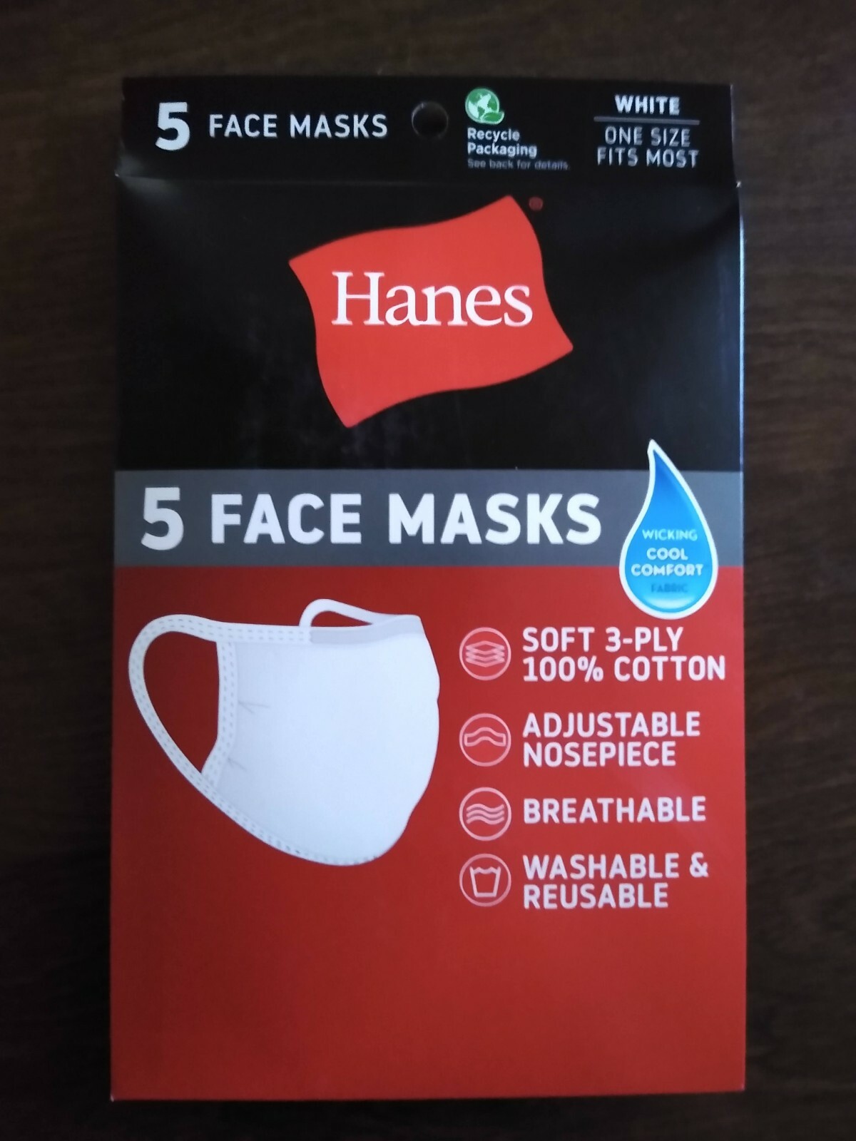 Hanes Fabric Face Masks – Reusable – 5 pack – White