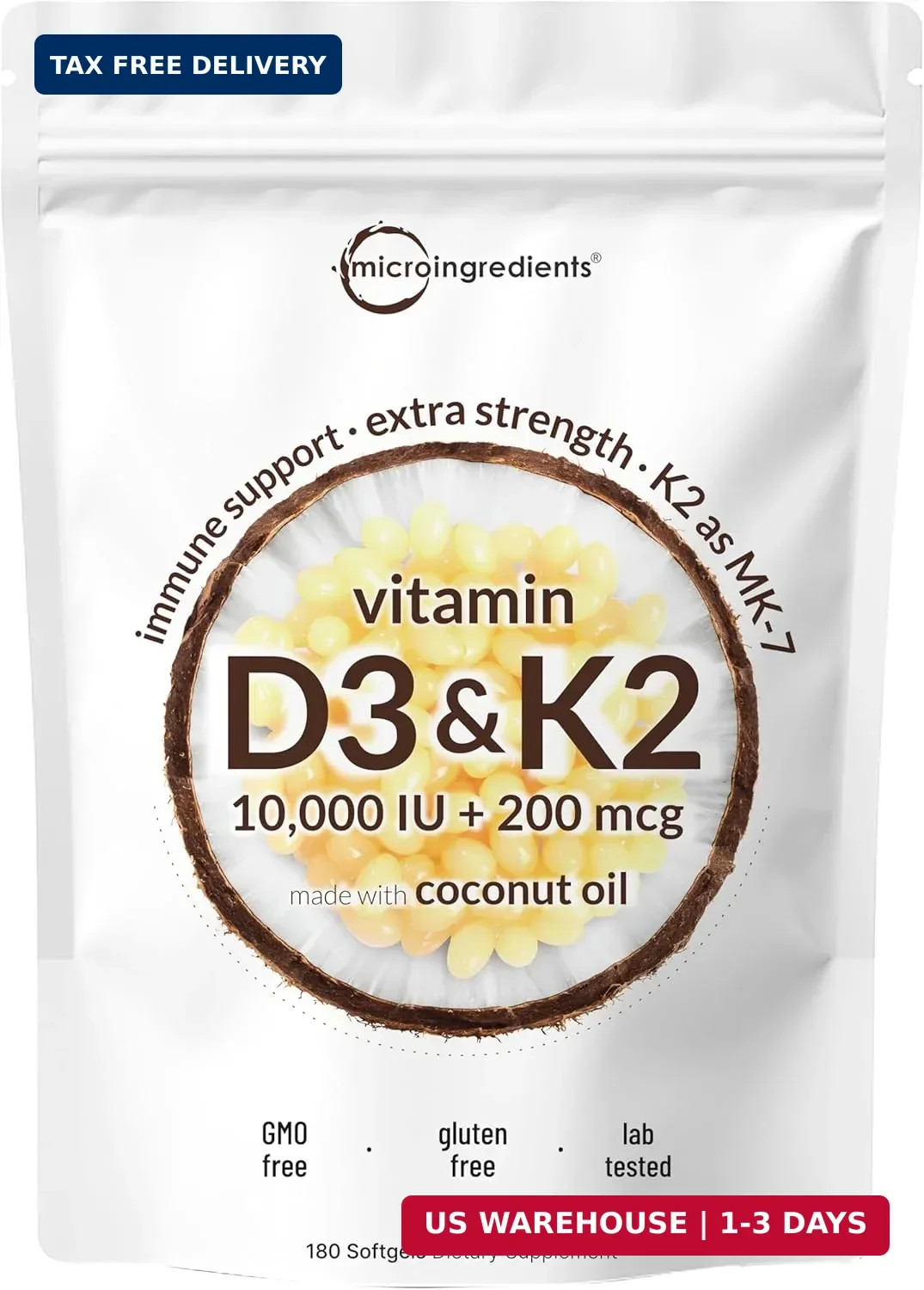 Micro Ingredients Vitamin D3 10,000 IU + K2 MK-7 200 mcg, 180 Softgels with Virg