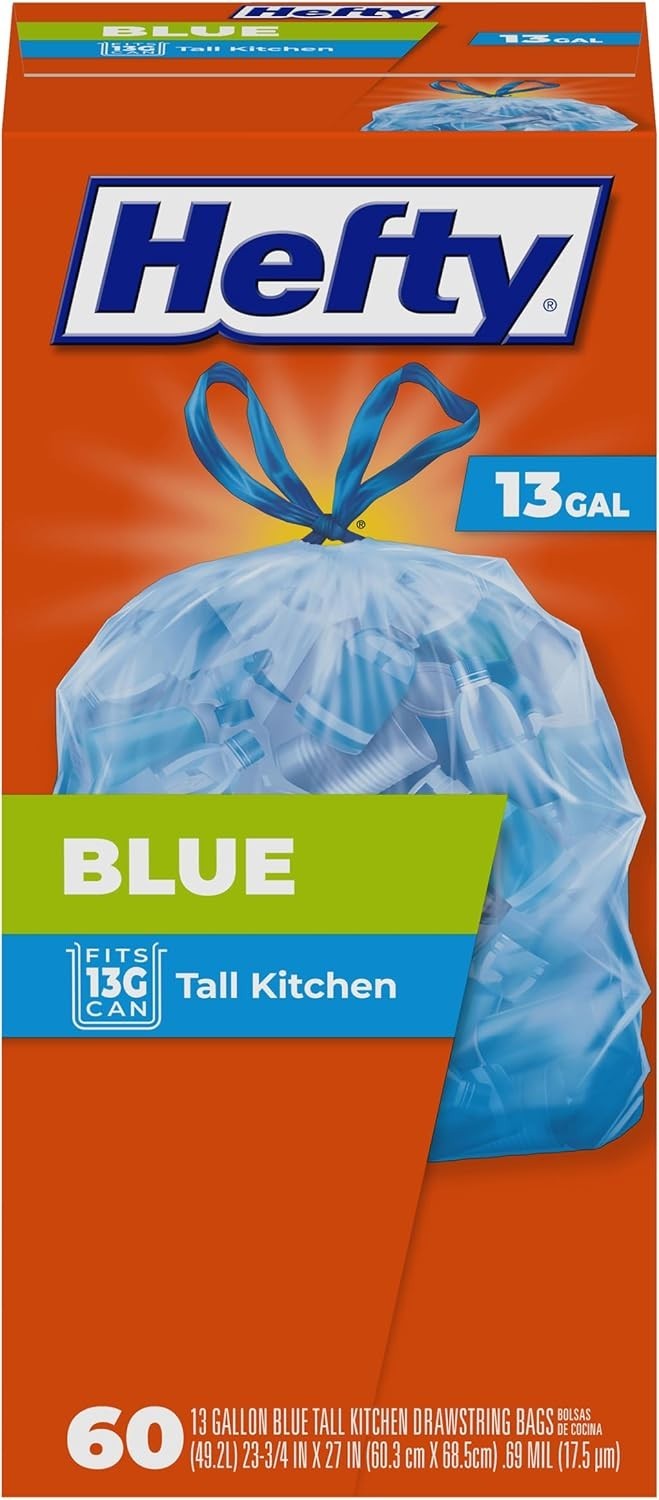 Hefty Blue Trash Bags 13 Gallon 60 Count Strong Durable Kitchen Garbage Bags