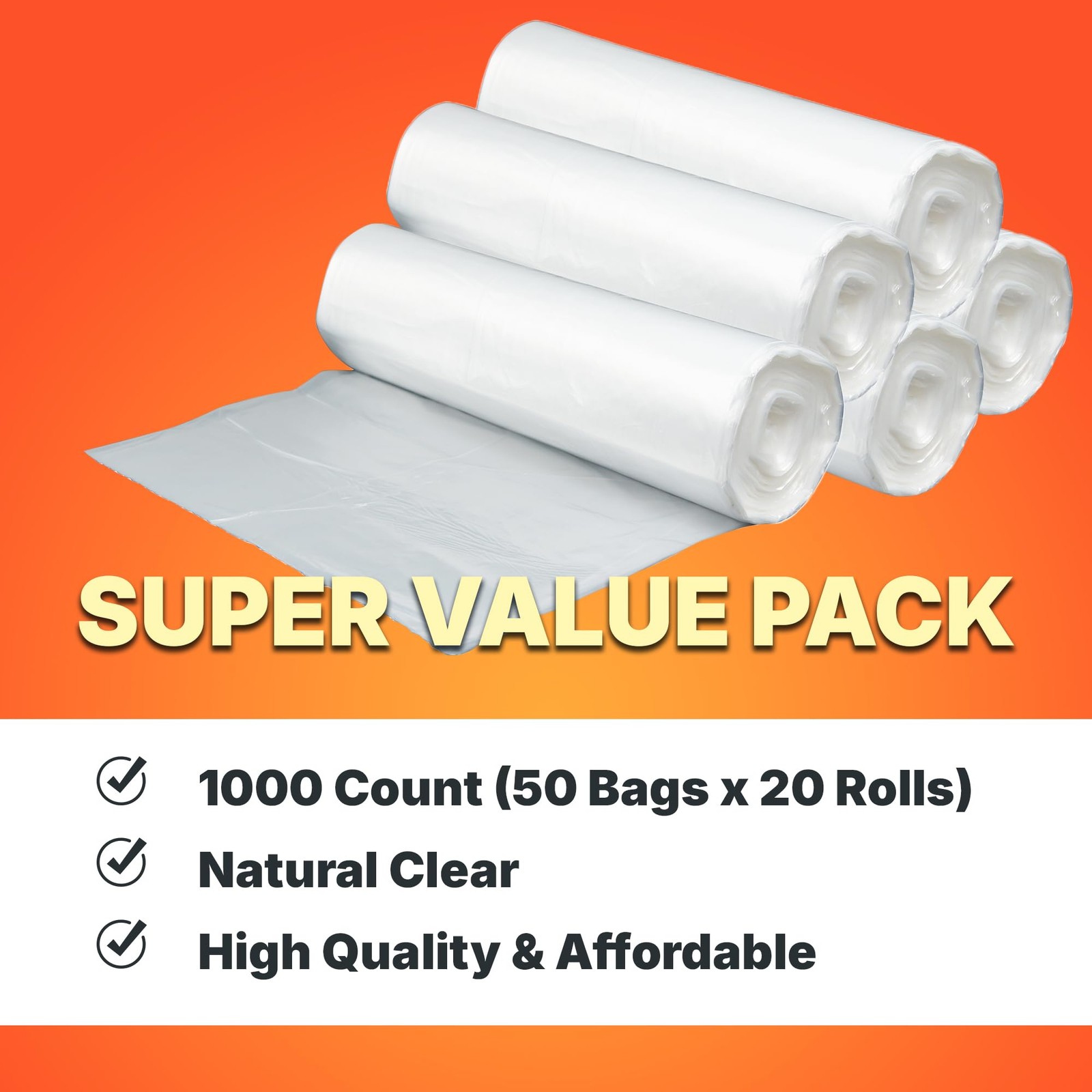 Bagtron 7-10 Gallon Trash Bags, 8 Micron High 1 Count (Pack of 1000), Clear
