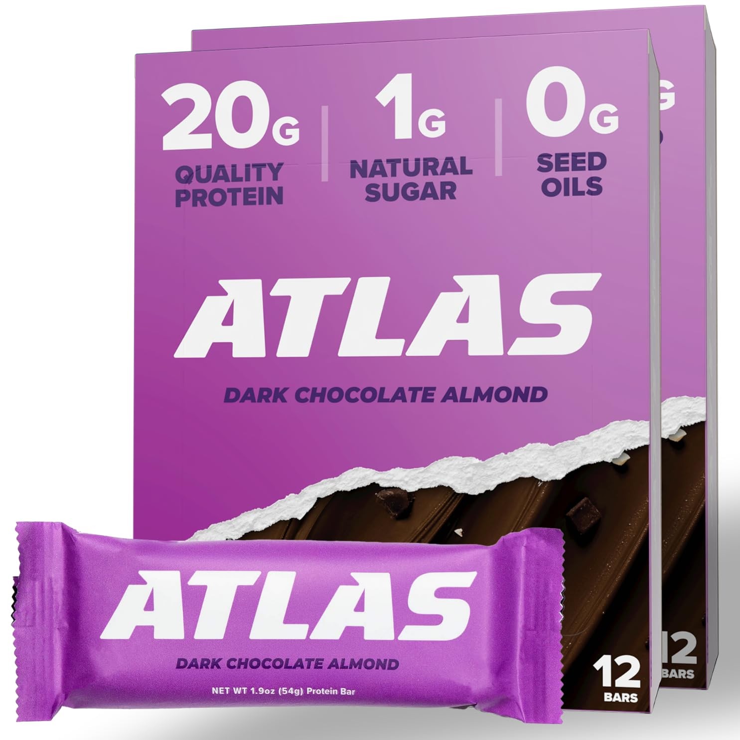 Protein Bar 20g 10g Fiber 1g Sugar Chocolate Almond 12ct Atlas Real Food Seed