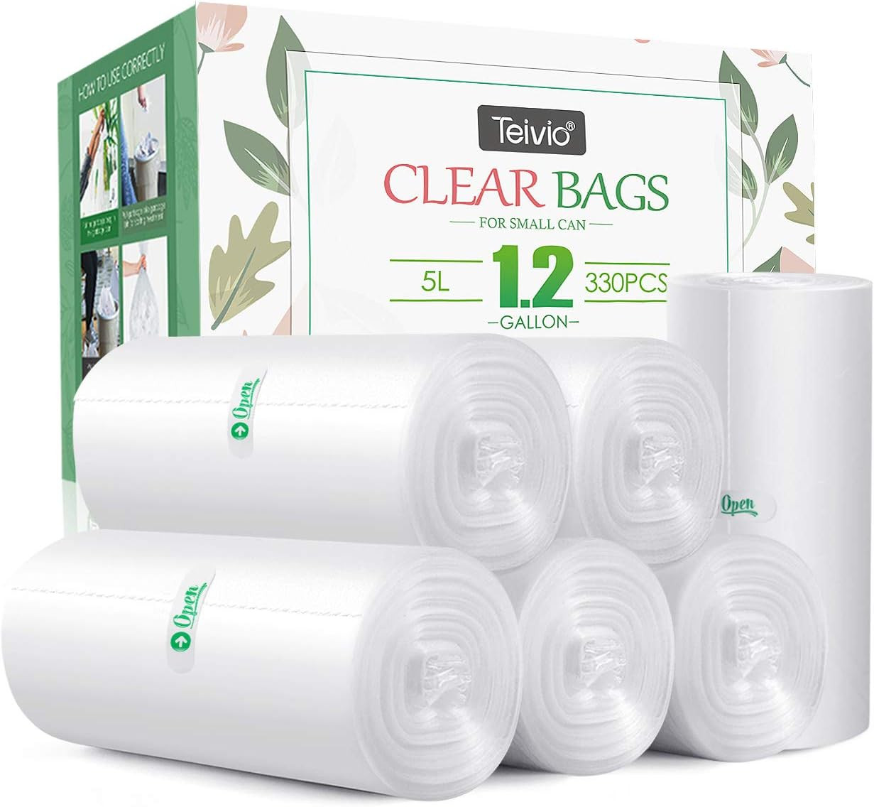 1.2 Gallon 330 Counts Strong Trash Bags Garbage 1 Count (Pack of 330), Clear