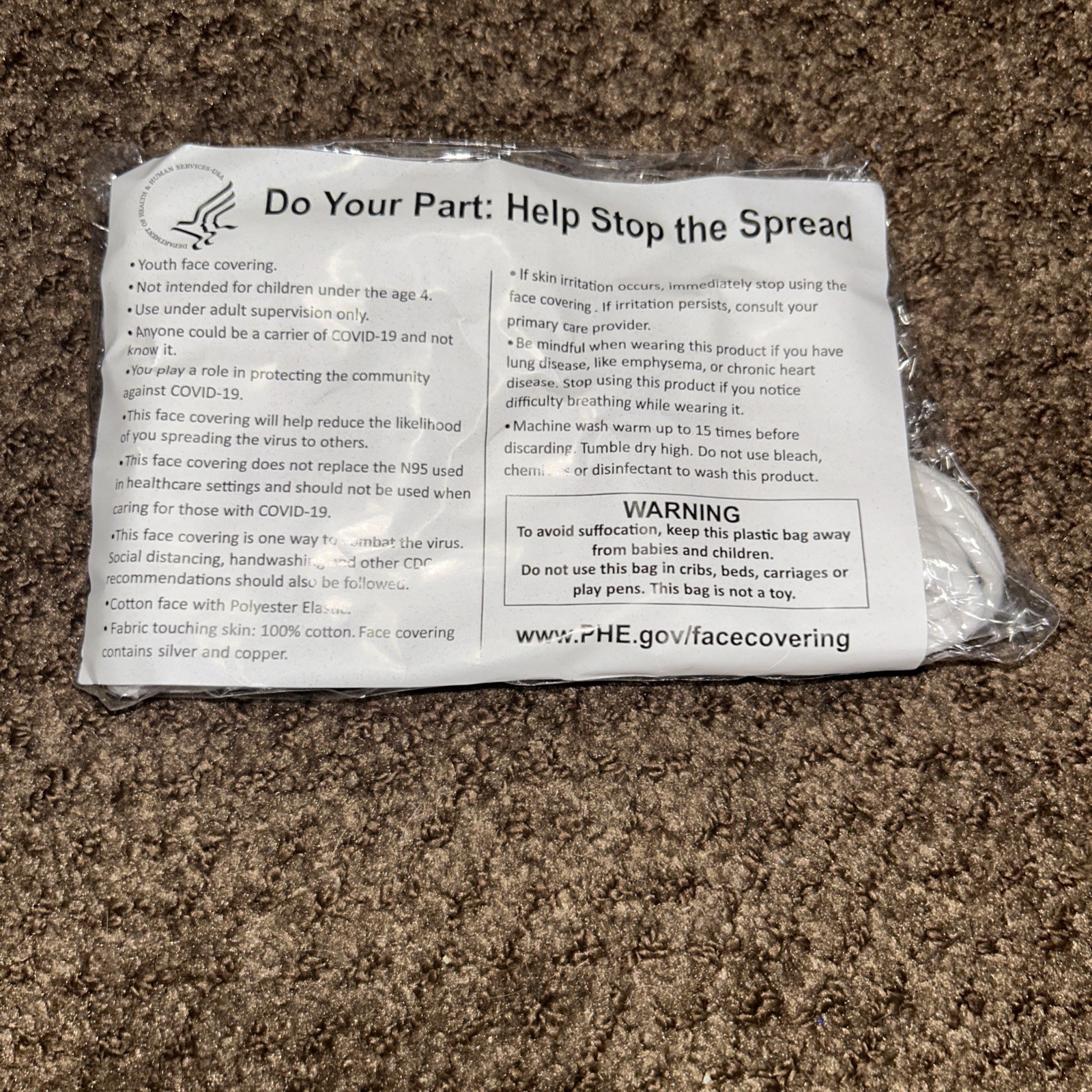 Department Of Health And Human Services Youth Facemasks 4 Pack White