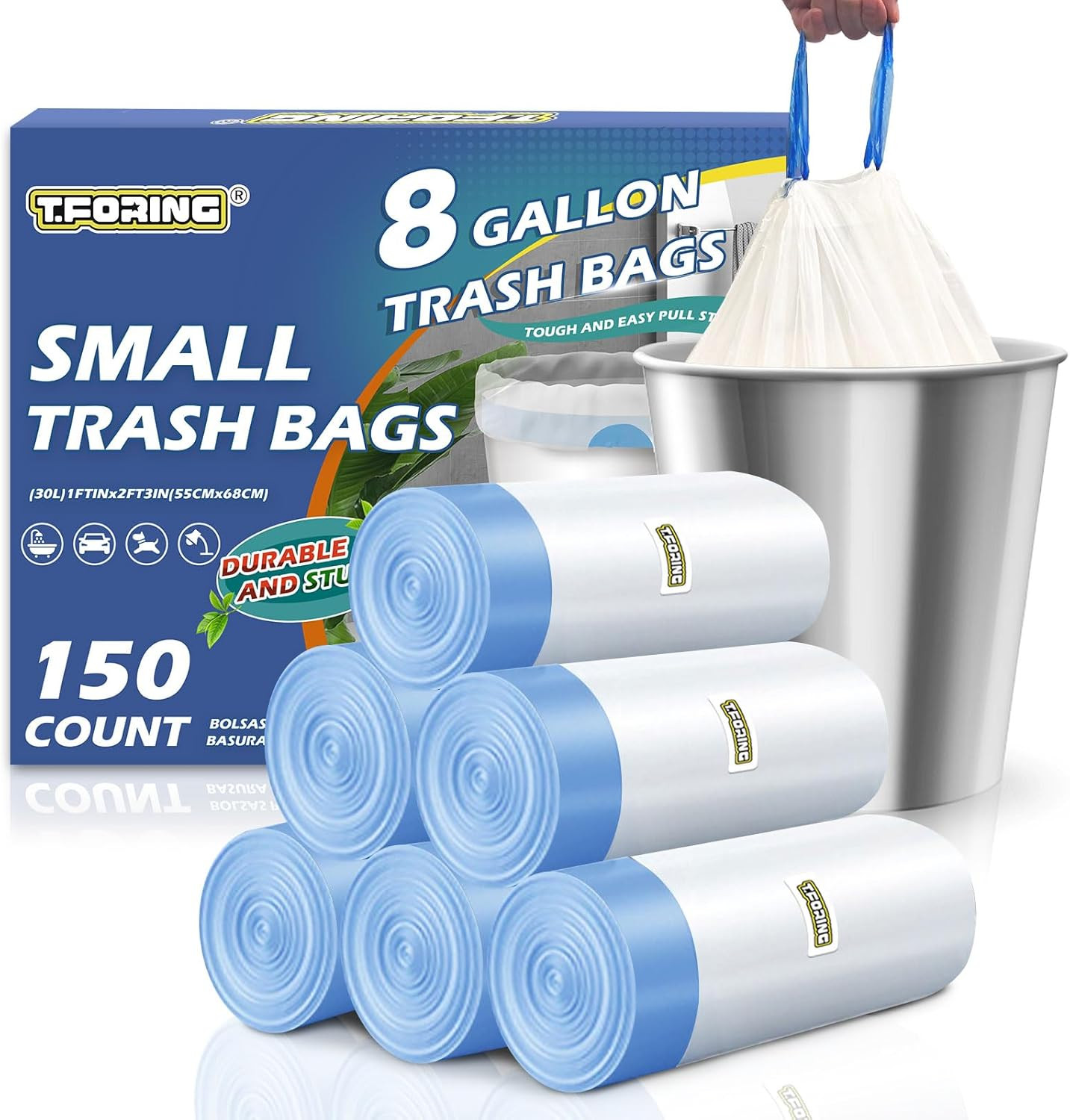 150 Count 8 Gallon Trash Bags Drawstring – 1.2 Mil Heavy Duty Medium Garbage Bag