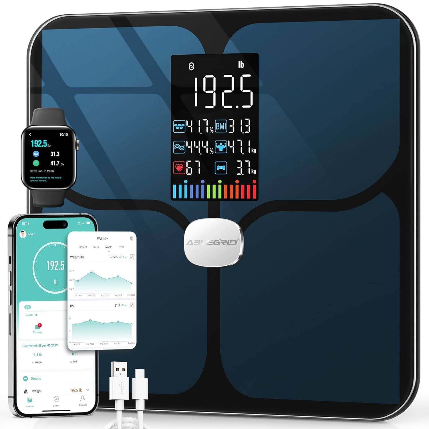 Digital Bathroom Scale Smart 400lb Body Weight BMI Fat Black A-SCALE X ABLEGRID