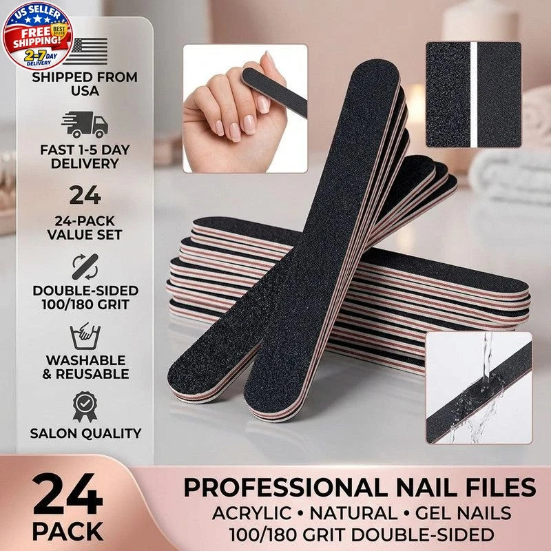 24 Pack Nail Files 100/180 Grit Double Sided Emery Boards Acrylic Natural Nails