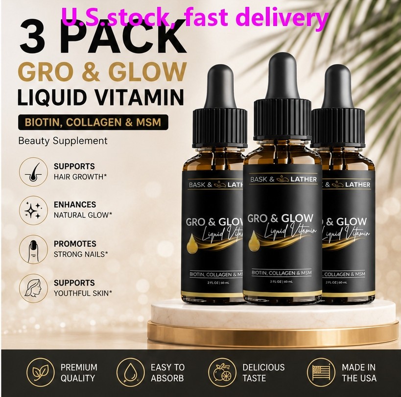 3Pk BASK & LATHER GRO & GLOW Liquid Vitamin Biotin Collagen MSM Drops 6oz